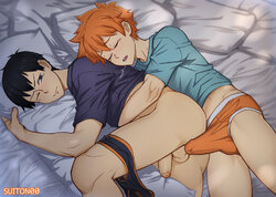 2boys, black underwear, briefs, erection, erection under clothes, gay, haikyuu!!, male, male only, male/male, orange underwear, shoyo hinata, suiton, tagme, tobio kageyama, underwear, yaoi