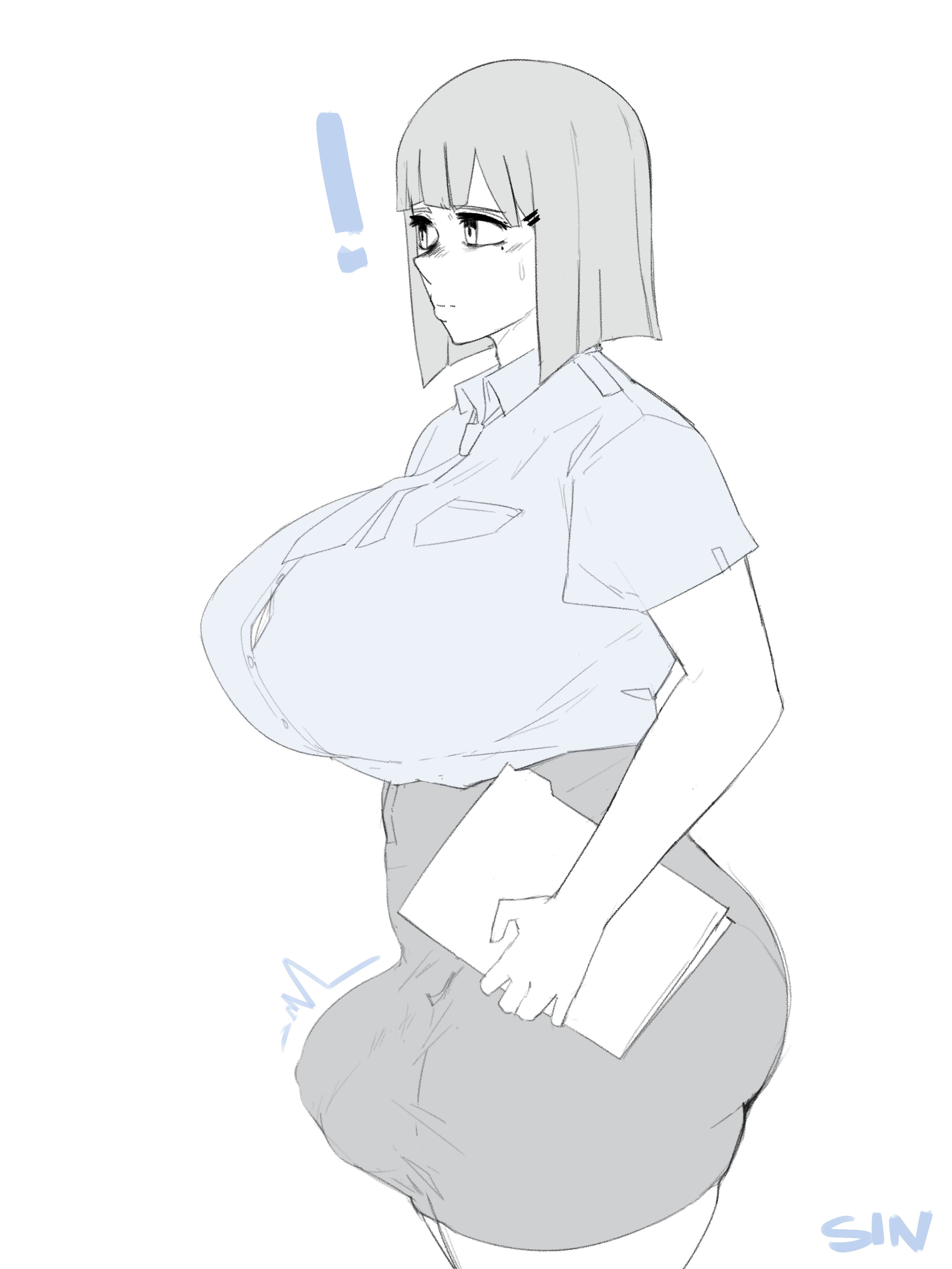 1futa, balls, bangs, big balls, big breasts, big penis, breasts, bulge, clothed, clothing, flaccid, fully clothed, futa only, futanari, getting erect, huge breasts, human, intersex, monochrome, office lady, pencil skirt, penis, short hair, side view, sinful milk, skirt, solo, standing, white background