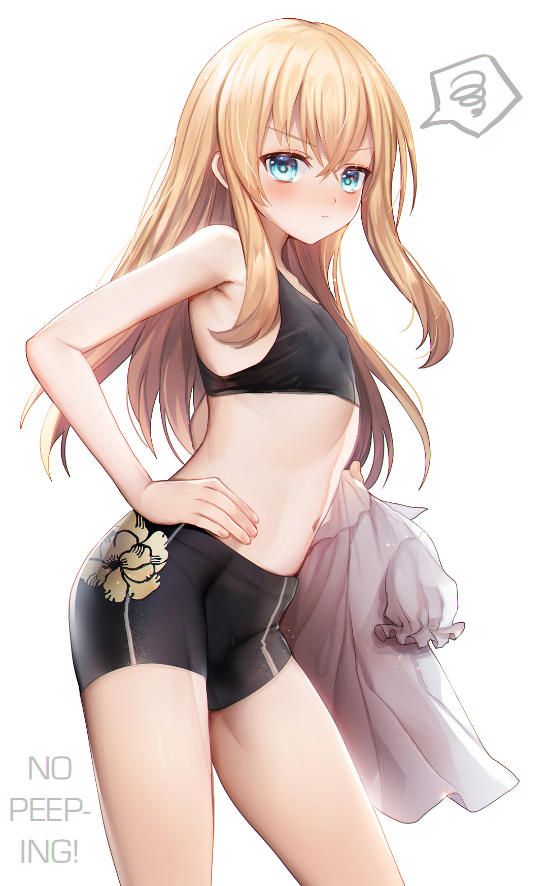 1boy, abandon raika, bike shorts, blonde hair, blue eyes, blush, crop top, femboy, long hair, male, male only, midare toushirou, shorts, solo, touken ranbu, trap