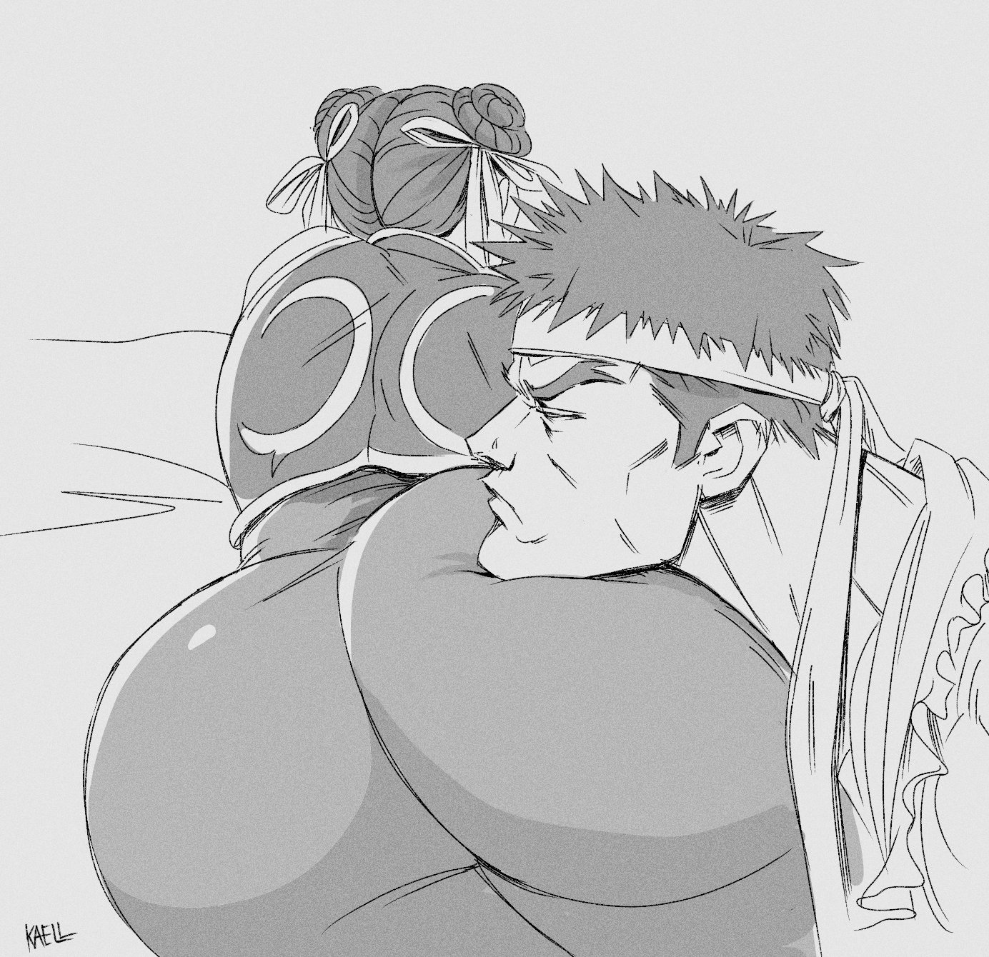 1girls, ass, big ass, capcom, chun-li, clothed, female, head on ass, headband, huge ass, kaellzor, large ass, legs, monochrome, plump ass, ryu (street fighter), street fighter
