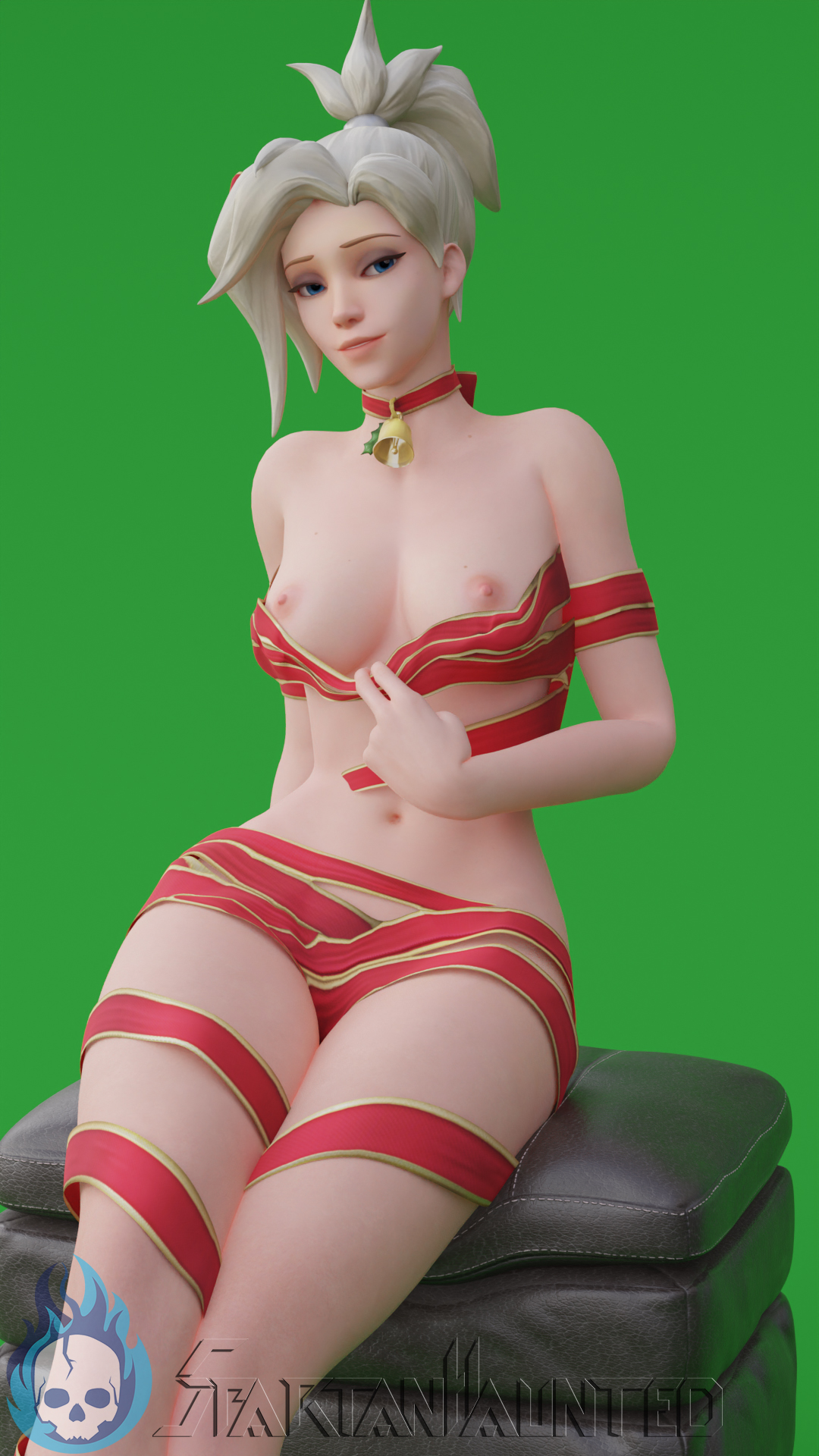 1girls, 3d, breasts, christmas, exposed breasts, exposed nipples, female, gift wrapped, looking at viewer, lowres, mercy, overwatch, spartanhaunted