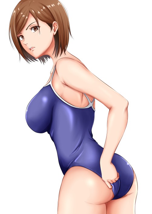 1girls, ass, big ass, big breasts, bob cut, breasts, brown hair, brown-haired female, competition swimsuit, female, female only, jujutsu kaisen, kugisaki nobara, looking at viewer, looking back, one-piece swimsuit, orange hair, school swimsuit, short hair, solo, solo female, swimsuit, tight clothing