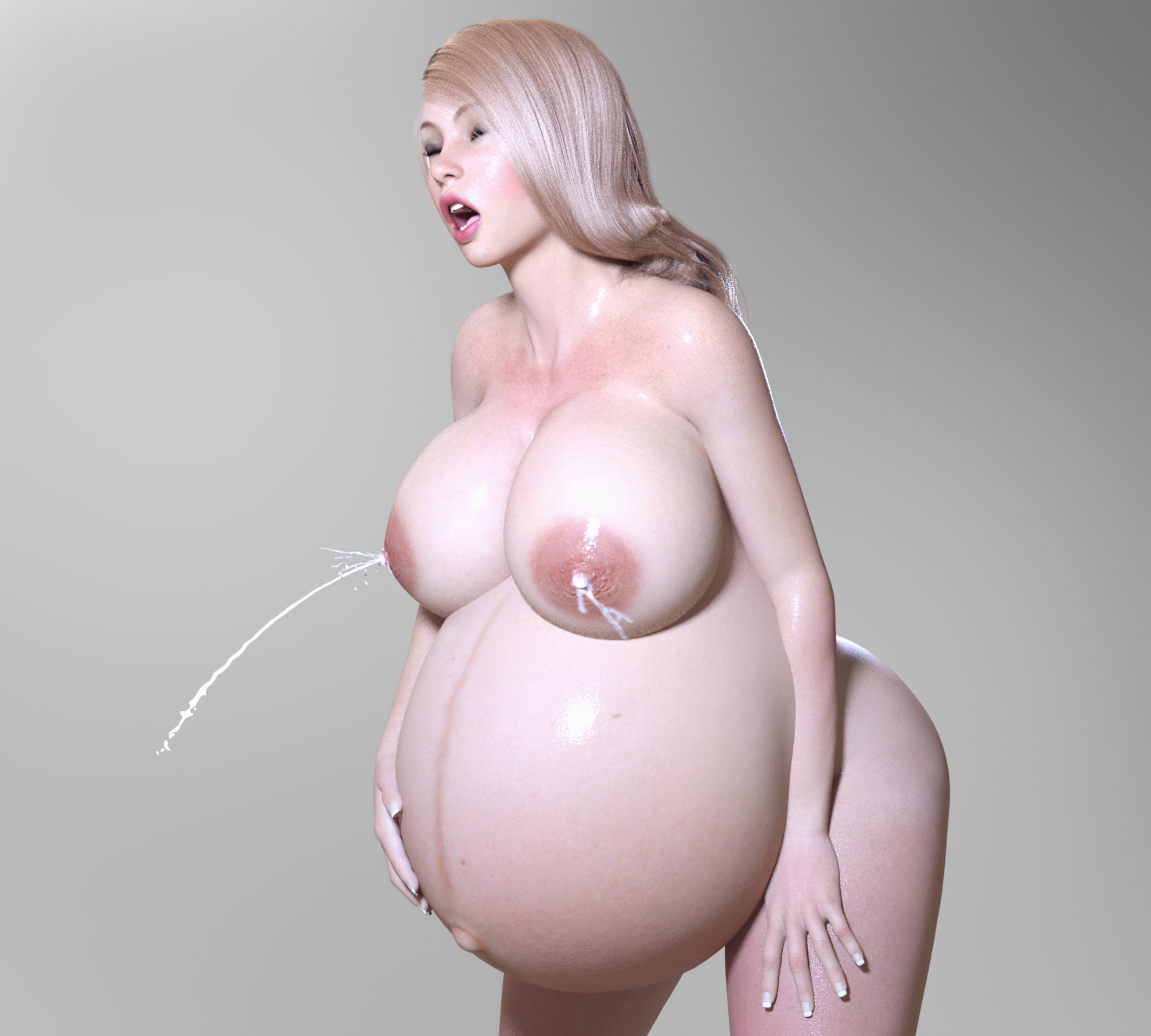 1girls, 3d, areolae, belly, bent over, big belly, big breasts, breasts, female, female only, huge belly, icarusillustrations, lactation, large breasts, linea nigra, milk, navel, nipples, nude, orgasm, pregnant, ready to pop, solo, standing, tagme