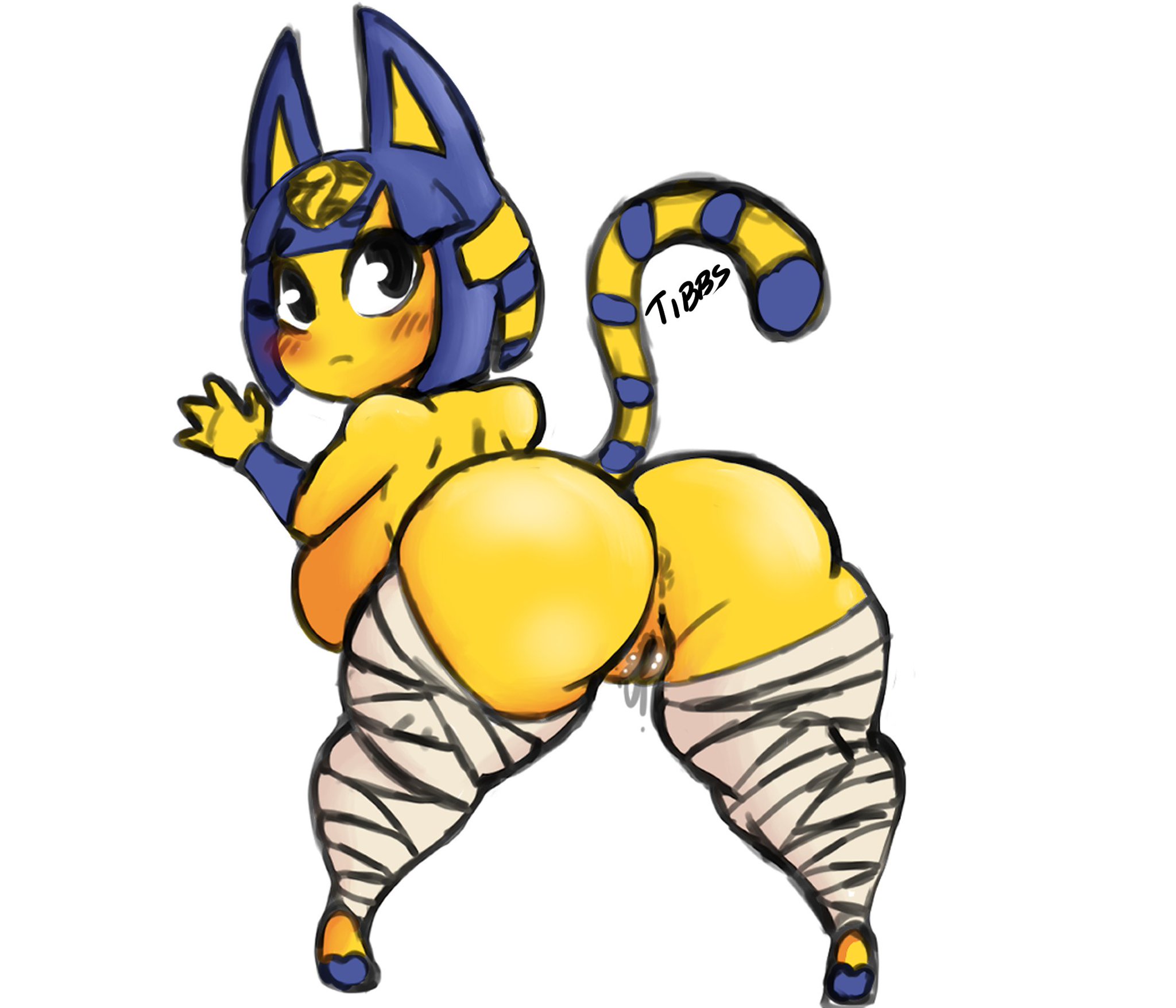 animal crossing, ankha, anthro, anus, ass, blue hair, blue markings, domestic cat, egyptian, felid, feline, felis, female, markings, nintendo, pussy, tibbs, tibbs arts, wraps, yellow body, yellow skin