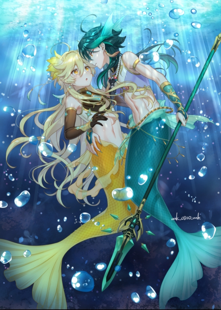 2boys, aether (genshin impact), amber eyes, blonde hair, crop top, femboy, fin, gay, genshin impact, gold eyes, grey hair, hair ornament, long hair, male, male only, merfolk, merman, mk 0810 mk, sea, spear, trap, underwater, waist grab, xiao (genshin impact), yaoi