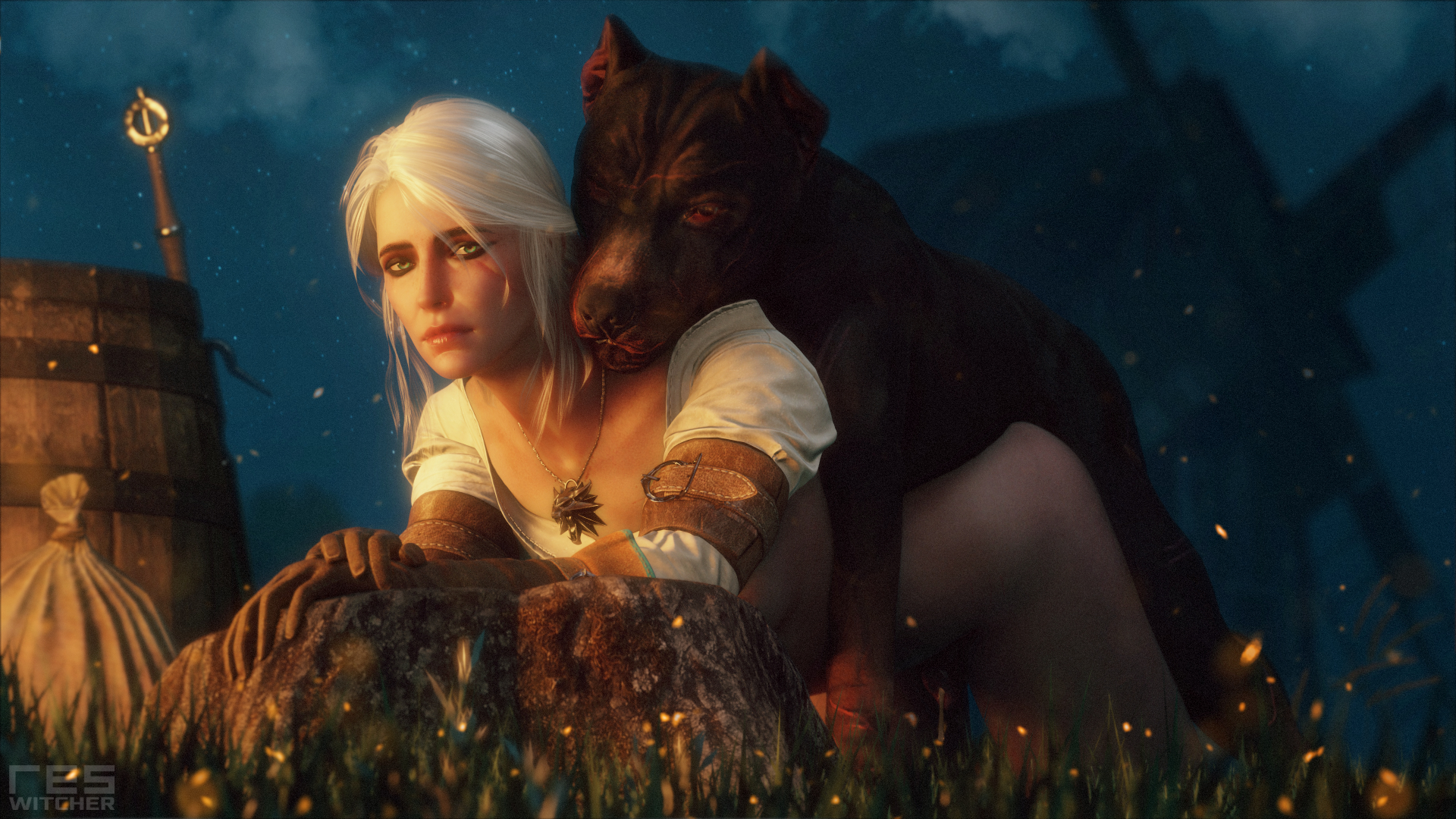 1animal, 3d, brown gloves, canine, cd projekt red, ciri, female, from behind, gloves, green eyes, looking at viewer, scar, the witcher (series), the witcher 3: wild hunt, white hair, witcherres, zoophilia