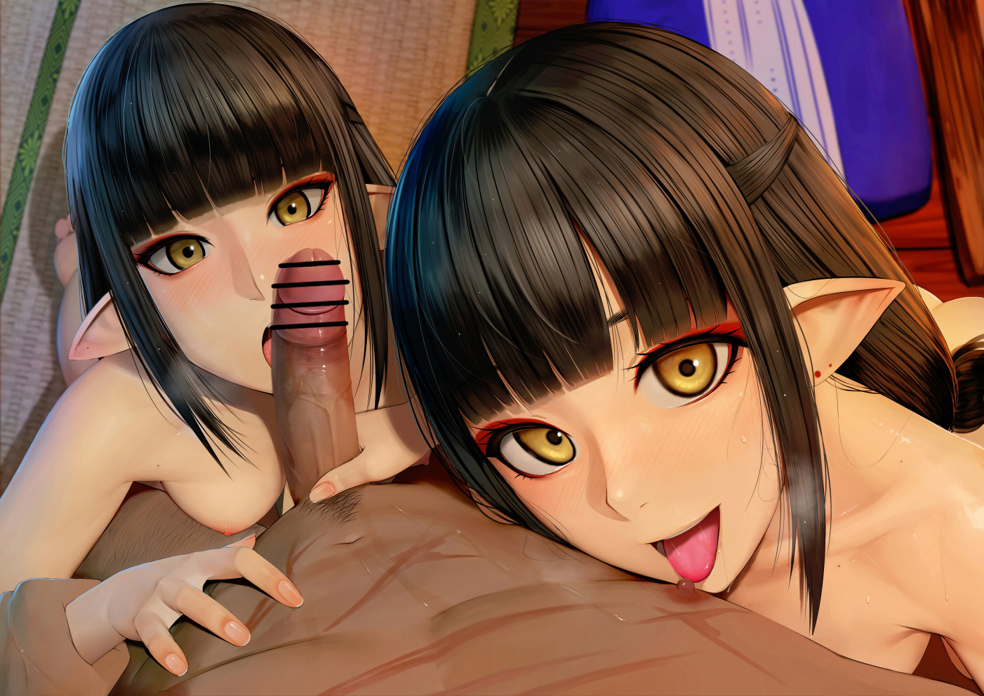 1boy, 2girls, bangs, bar censor, black hair, blowjob, blunt bangs, blush, breasts, censored, dark skin, dark-skinned male, eyeliner, fellatio, female, fewer digits, ffm threesome, group sex, handjob, hinoa, indoors, interracial, licking, licking nipple, light skin, light-skinned female, long hair, looking at viewer, makeup, male, md5 mismatch, medium breasts, minoto, monster hunter, monster hunter (series), monster hunter rise, multiple females, multiple girls, nipples, nude, open mouth, penis, pointy ears, precum, rak (kuraga), scar, shimaidon (sex), siblings, sisters, smile, straight, sweat, threesome, tongue, tongue out, twins, wyverian, yellow eyes