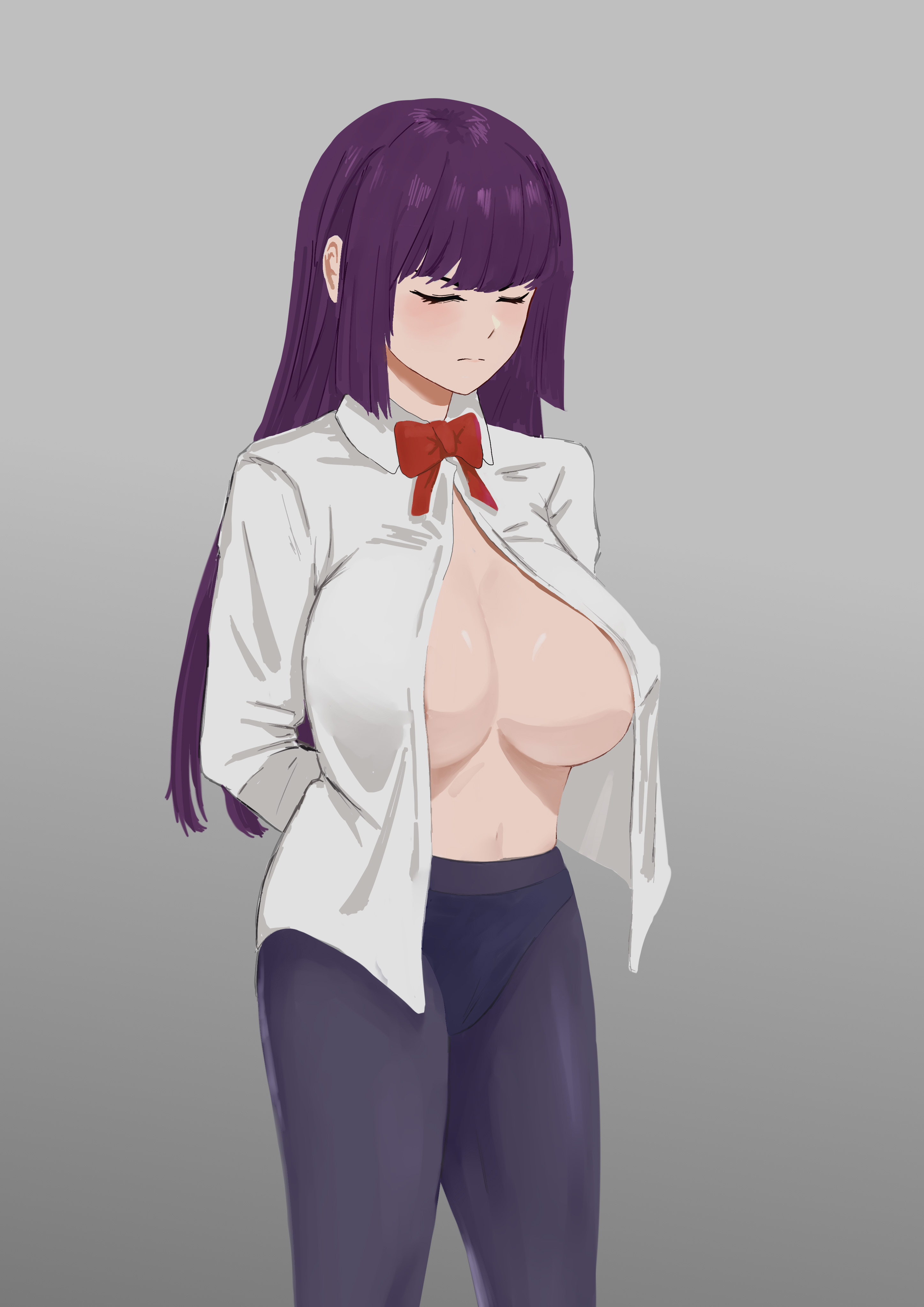 1girls, big breasts, black hair, blush, breasts, cleavage, closed eyes, clothed, clothing, curvy, female, female focus, female only, grey background, long hair, please don't bully me, nagatoro, president (nagatoro), revealing clothes, sana sunomiya, simple background, solo, the black (artist), wide hips