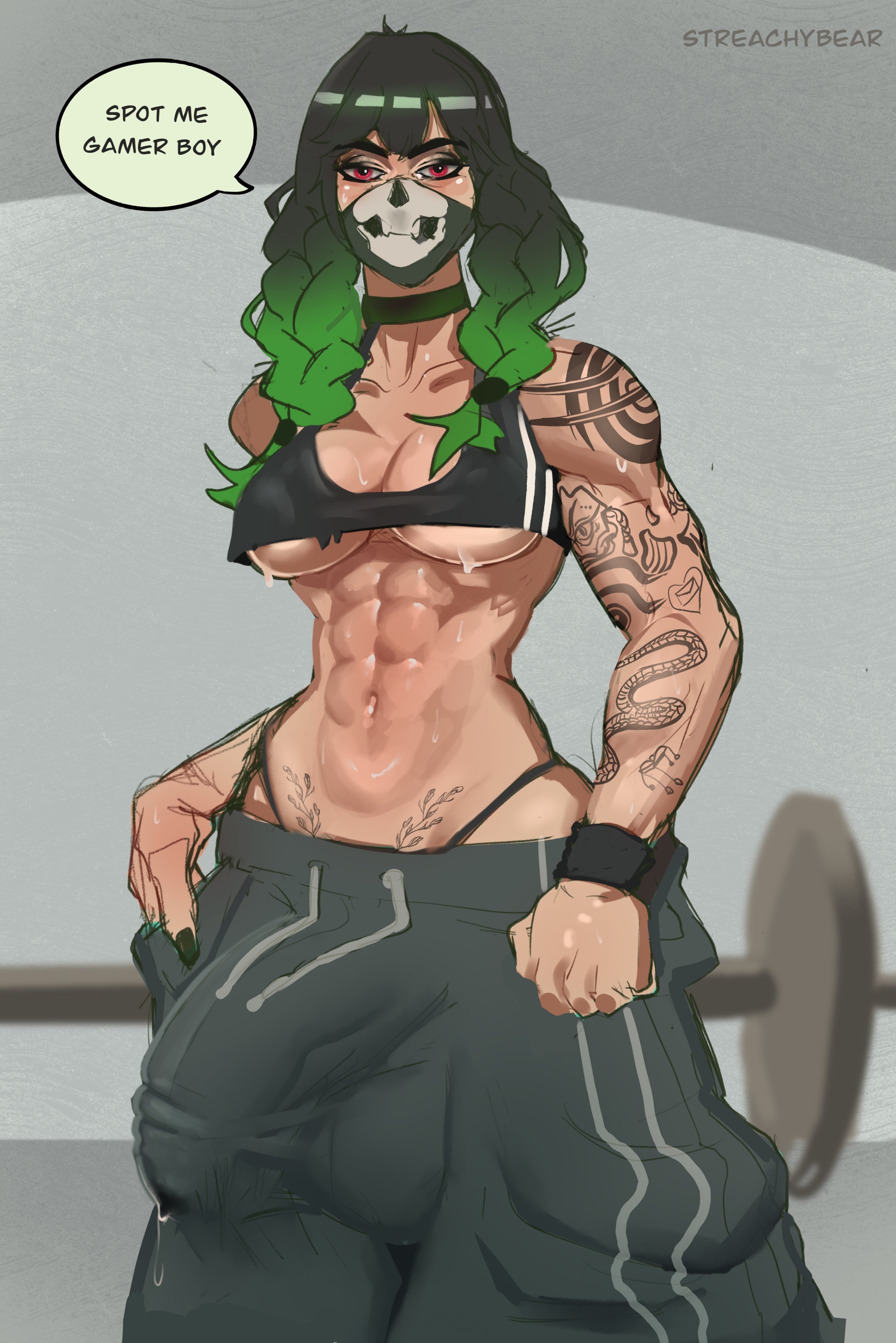 1futa, abs, baggy clothing, baggy pants, balls, big balls, big penis, black hair, braid, breasts, bulge, clothed, clothing, dialogue, english dialogue, english text, futa only, futanari, green hair, gym, human, intersex, jade (streachybear), light skin, light-skinned futa, looking at viewer, mask, midriff, mostly clothed, muscular, muscular futa, navel, original, pale skin, penis, precum, precum through clothing, solo, speaking to viewer, speech bubble, standing, streachybear, sweat, talking to viewer, tattoo, tattoos, text, two-tone hair, underboob