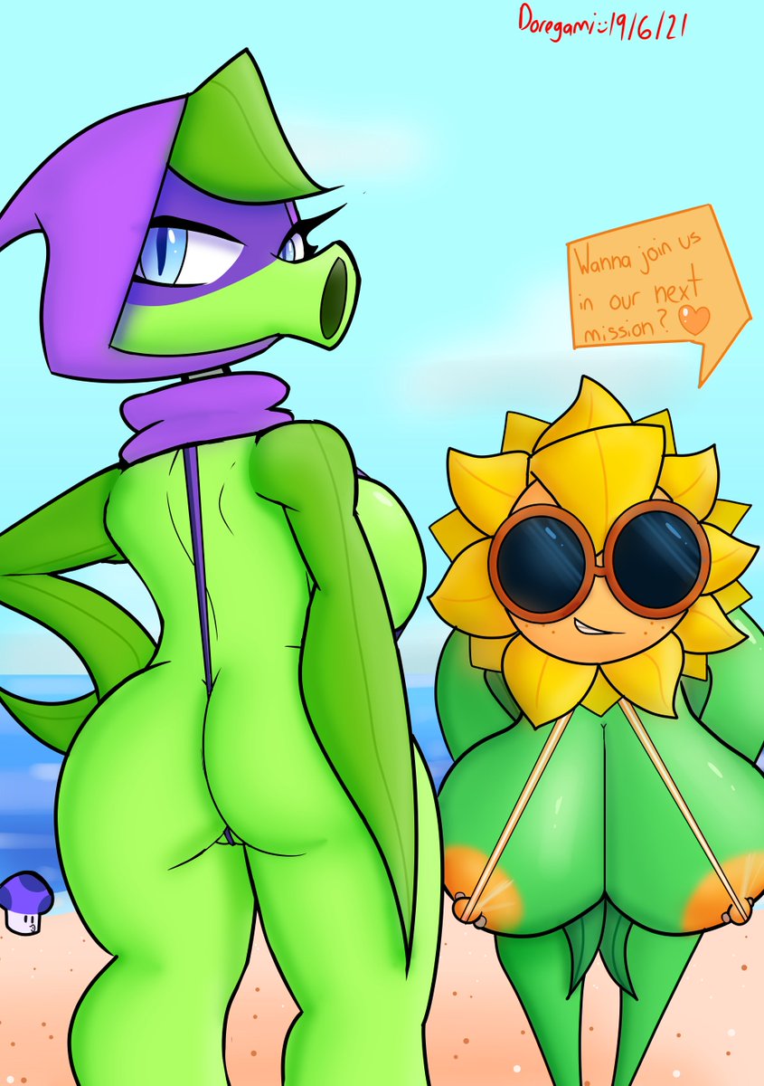 ass asshole beach big_ass big_breasts bikini blue_eyes breasts curvy_female doregami eyeshadow female_only green_shadow_(pvz) green_skin hand_on_breast leaf mushroom orange_eyes orange_nipples panties peashooter peashooter_(pvz) petals plant plantie plants_vs_zombies plants_vs_zombies:_heroes purple_cape solar_flare_(pvz) sunflower sunflower_(pvz) tagme text text_bubble thick_thighs