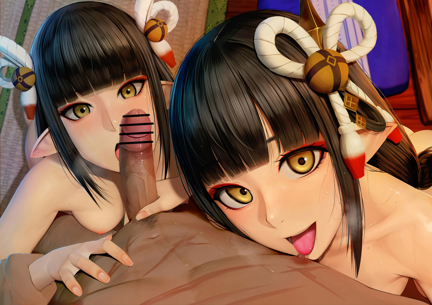 1boy, 2girls, bangs, bar censor, black hair, blowjob, blunt bangs, blush, breasts, censored, dark skin, dark-skinned male, eyeliner, fellatio, female, fewer digits, ffm threesome, group sex, hair ornament, handjob, hinoa, indoors, interracial, licking, licking nipple, light skin, light-skinned female, long hair, looking at viewer, makeup, male, medium breasts, minoto, monster hunter, monster hunter (series), monster hunter rise, multiple females, multiple girls, nipples, nude, open mouth, penis, pointy ears, precum, rak (kuraga), revision, scar, shimaidon (sex), siblings, sisters, smile, straight, sweat, threesome, tongue, tongue out, twins, wyverian, yellow eyes