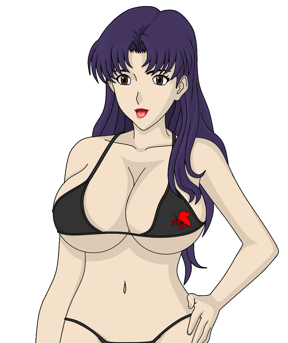 1girls bikini brown_eyes dragexd female female_only large_breasts long_hair misato_katsuragi neon_genesis_evangelion purple_hair solo swimsuit tagme