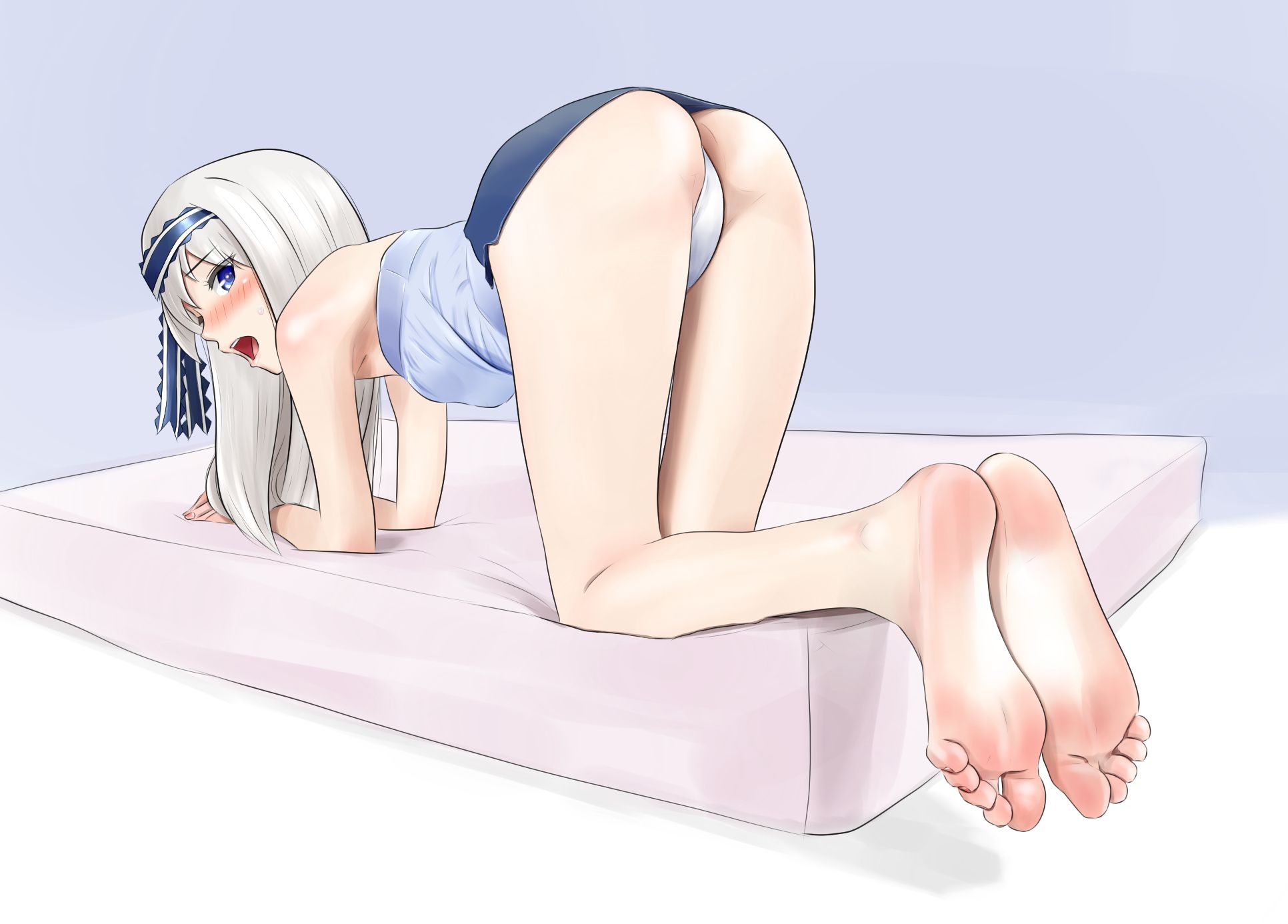 ass, blue eyes, blush, feet, female, highres, kaguya-sama wa kokurasetai ~tensai-tachi no renai zunousen~, long hair, panties, shirogane kei, shirow (mha03133), silver hair, soles, solo, toes, underwear