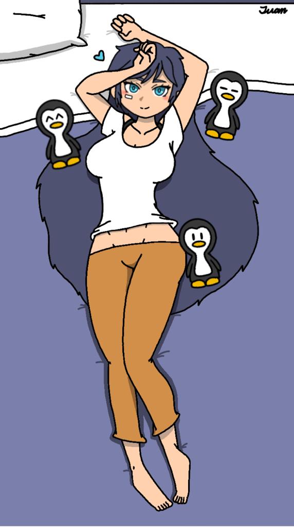 alternate_version_available bandage_on_face barefoot belly_button big_breasts blue_eyes body_pillow_design curvy_figure cute dark_blue_hair exposed_belly female front_view full_body huge_breasts kim_han_yi_(writers_crusaders) laying_down laying_on_bed long_hair penguin plushie solo_female wcjuan writers_crusaders