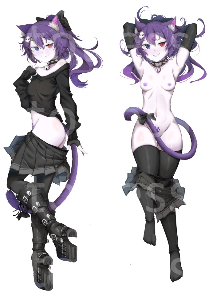 1girls boobs boots bow catgirl collar female heterochromia neko nekomimi nipples paw_tattoo_pubic pawprint pubic_tattoo purple_eyes purple_hair red_eyes ribbon shirt skirt skirt_down tail tail_ribbon tease thetotless thigh_highs thighhighs tits topless topless_female totless_(vtuber) tsuki_kimura virtual_youtuber vrchat vrchat_avatar vtuber