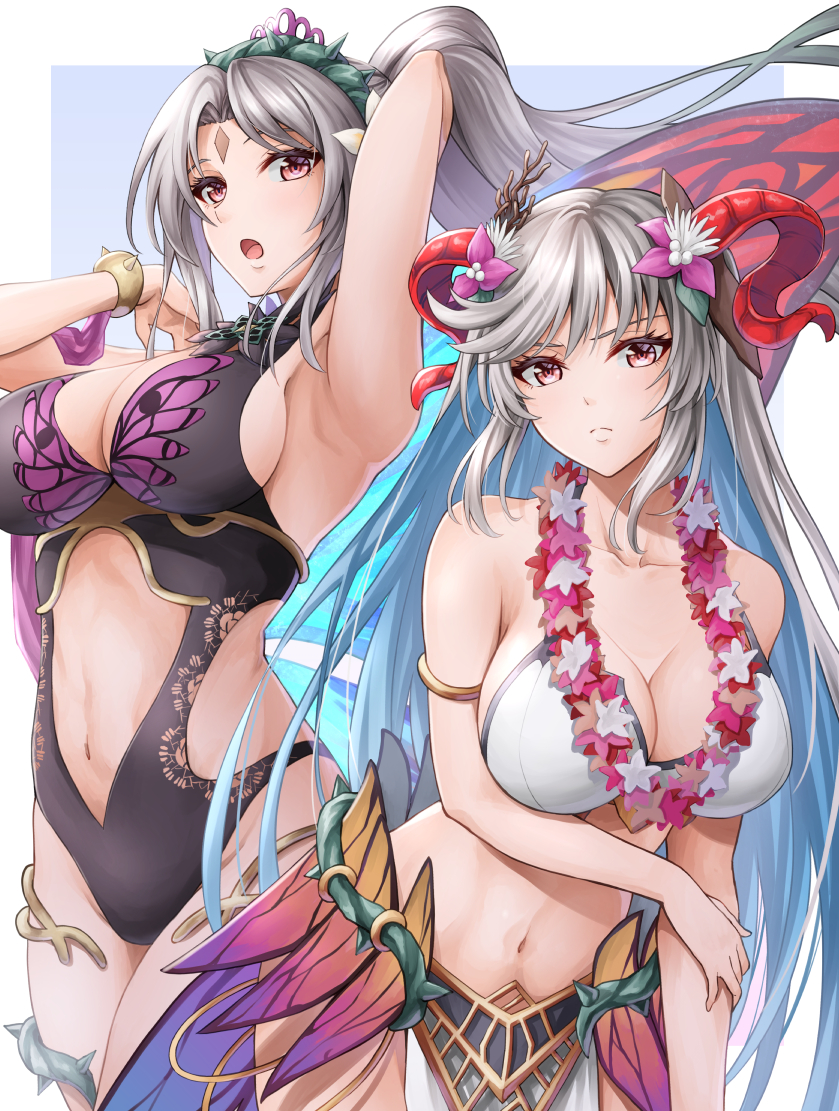 2girls alternate_costume arm_up armlet armpits bikini black_swimsuit blue_hair breasts cleavage collarbone commentary curled_horns facial_mark fairy fairy_wings fire_emblem fire_emblem_heroes flower flower_necklace forehead_mark freyja_(fire_emblem) freyja_(summer)_(fire_emblem) goat_horns grey_hair hair_flower hair_ornament horns jewelry large_breasts long_hair looking_at_viewer multicolored_hair multiple_girls navel necklace nintendo official_alternate_costume one-piece_swimsuit pelvic_curtain pink_flower plumeria_(fire_emblem) plumeria_(summer)_(fire_emblem) ponytail red_eyes red_horns sideboob sidelocks swimsuit ten_(tenchan_man) thorns very_long_hair white_bikini white_swimsuit wings