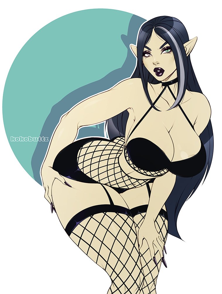 ass, ass grab, bending forward, bending over, black lipstick, cleavage, disney, disney channel, female, fishnets, goth, kokobuttz, leaning forward, lilith clawthorne, long hair, looking at viewer, solo, solo female, straight hair, the owl house, thick thighs, witch (the owl house)