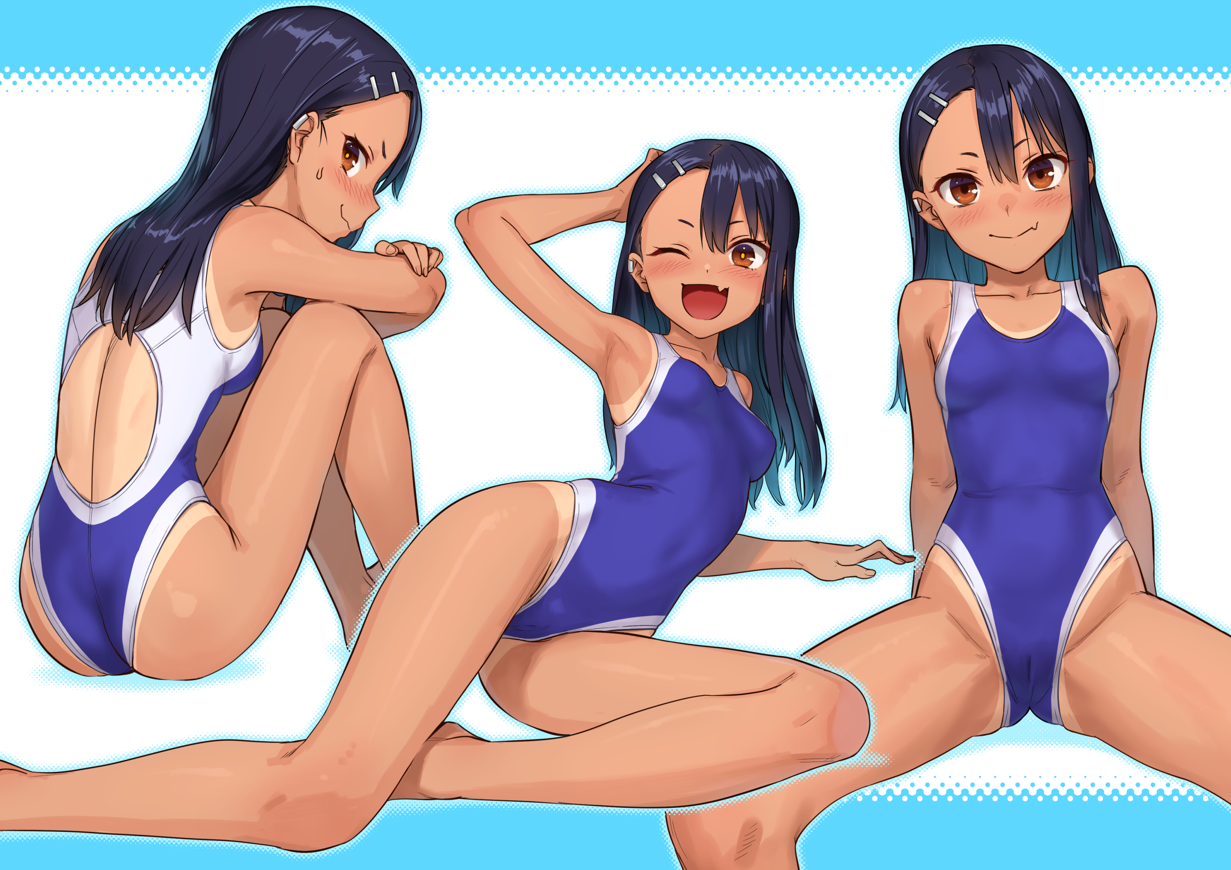 1girls, ass, back, barefoot, black hair, blue swimsuit, blush, breasts, brown eyes, cameltoe, competition swimsuit, female, female only, hair ornament, hairclip, hayase nagatoro, highleg, highleg swimsuit, highres, kawakami rokkaku, long hair, looking at viewer, lying, multicolored, multicolored clothes, multicolored swimsuit, multiple views, oerba yun fang, one eye closed, one-piece swimsuit, one-piece tan, open mouth, please don't bully me, nagatoro, pussy, skin fang, small breasts, smile, solo, spread legs, swimsuit, tan, tanline