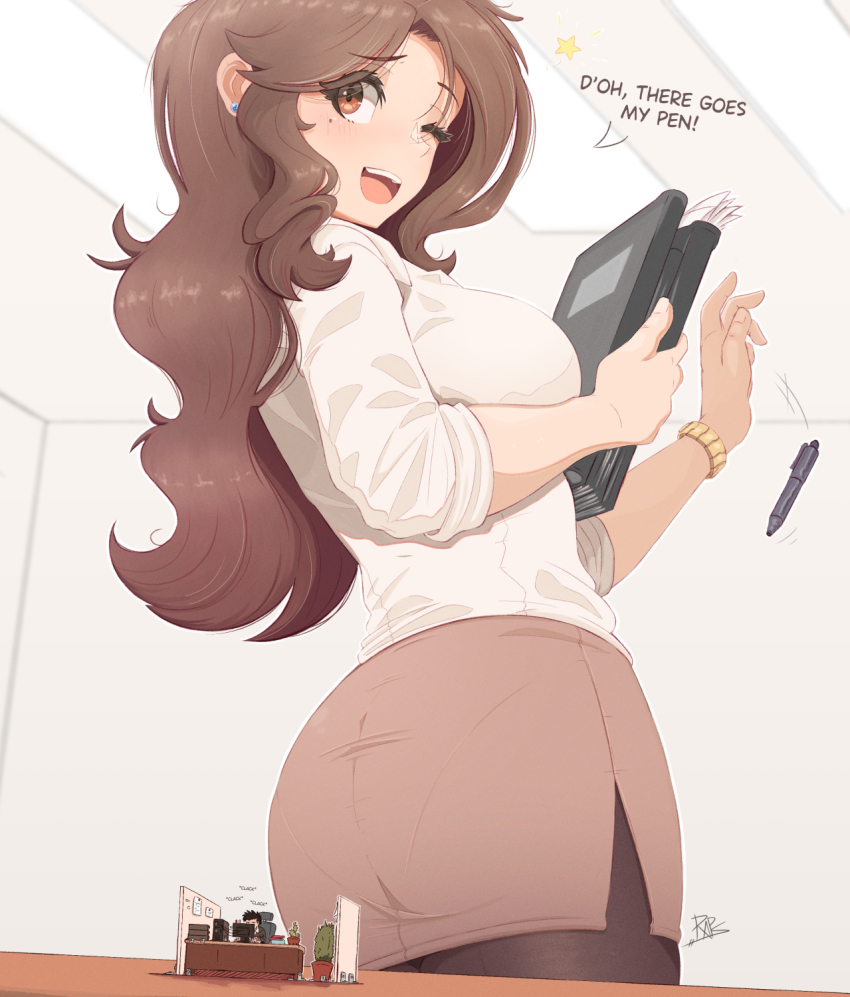 1girls ass brown_eyes brown_hair giantess mole_under_eye office_lady original pantyhose pantylines pen pencil_skirt raps smile