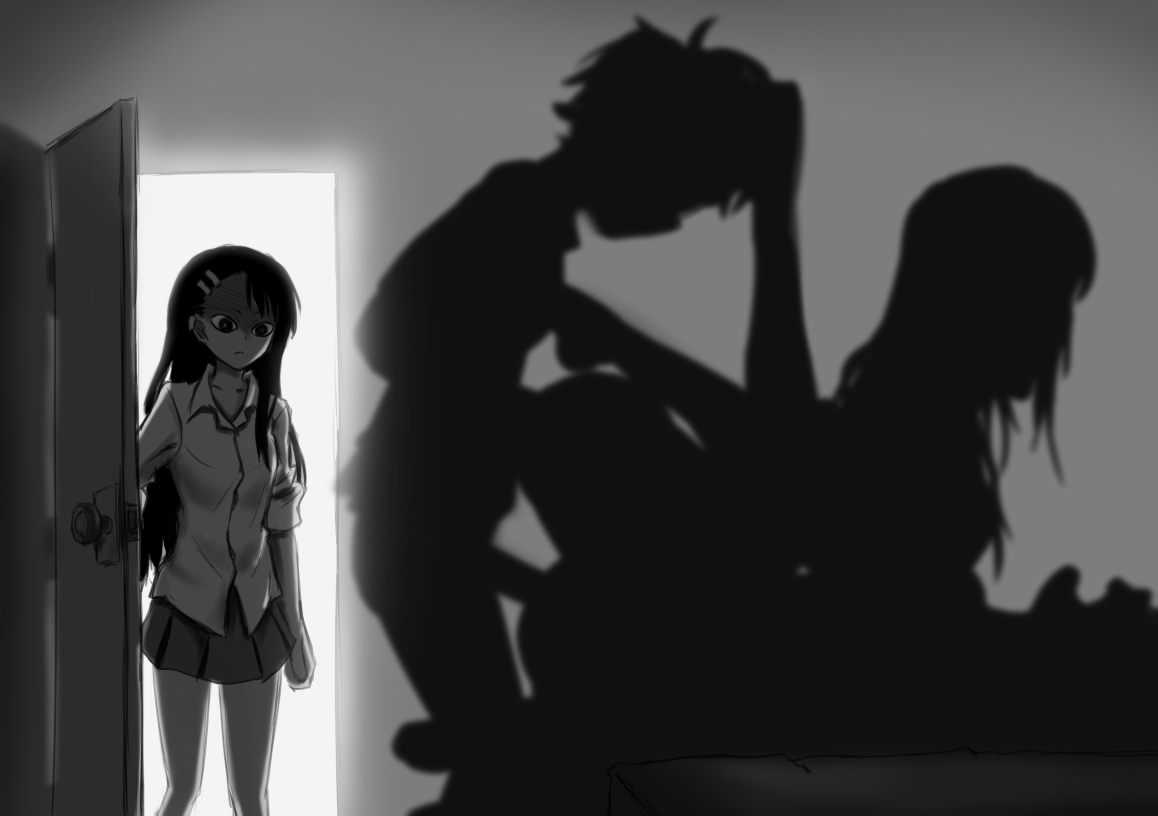 1boy, 3girls, all fours, angelsbestrace, angry, bed, black hair, caught in the act, clothed, clothing, cuckquean, erection, female, gamo-chan, grey background, hayase nagatoro, long hair, male, monochrome, naoto hachioji (senpai), netorare, nude, on back, on bed, open mouth, penis, please don't bully me, nagatoro, shadow, shocked, short hair, simple background, yoshi (nagatoro)