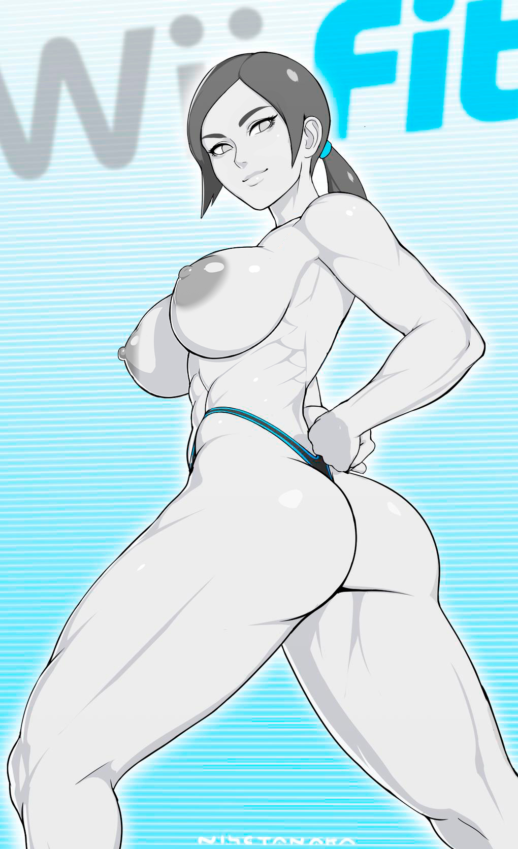 abs aerobics alternate_breast_size ass athletic boobs breasts casual clothing confident female highleg huge_breasts human maximum_strike_edit muscular_female nintendo nisetanaqa pale_skin sideboob solo sportswear third-party_edit thong wii_fit_trainer