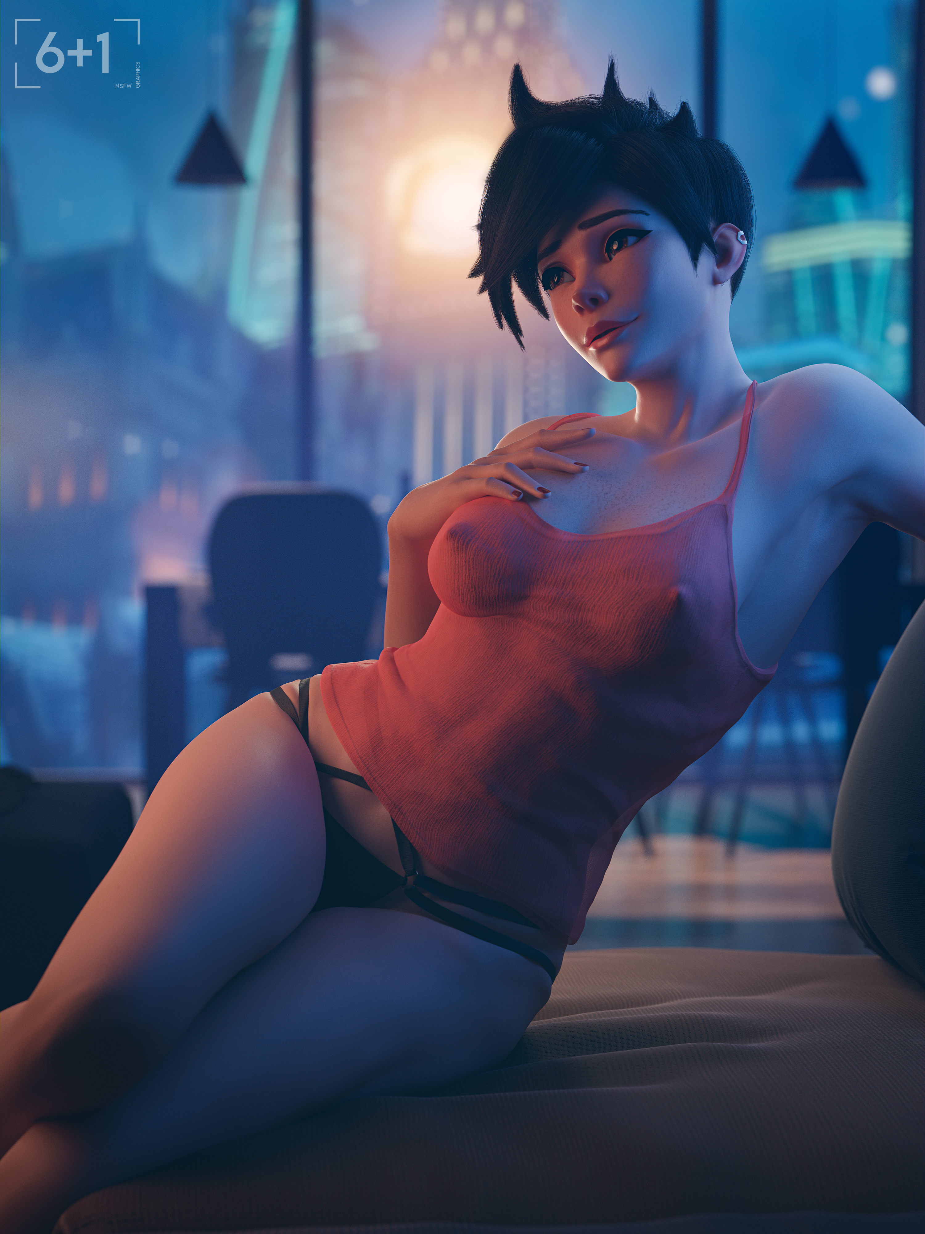 1girls, 3d, athletic, athletic female, breasts, brown hair, female, female only, human, legs, long legs, medium breasts, nipple bulge, nipples, nipples visible through clothing, overwatch, pinup, see-through, short hair, sixplusone, solo, thighs, tracer