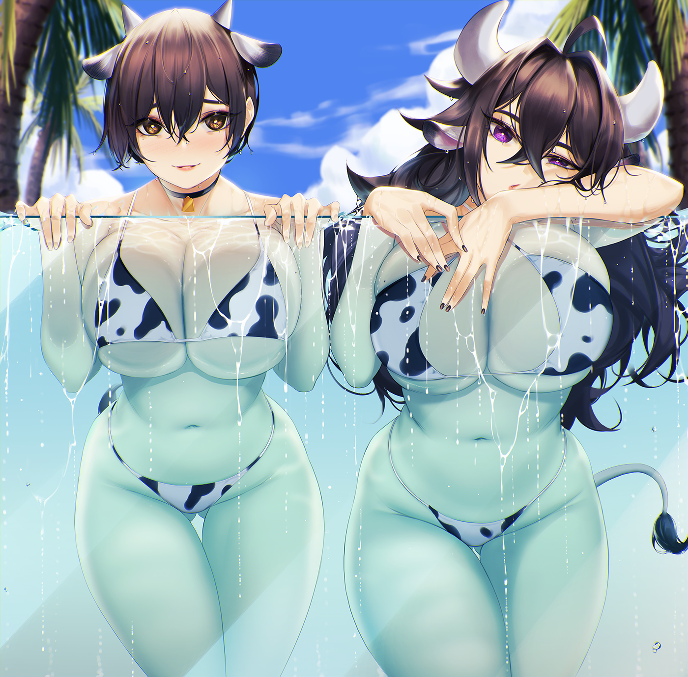 2girls, against glass, animal ears, animal print, bangs, bikini, black hair, black nails, blue sky, blueorca, breast press, breasts, brown eyes, chinese zodiac, choker, cloud, cow bikini, cow ears, cow girl, cow horns, cow print, cow tail, day, female, glass wall, hair between eyes, highres, horns, huge breasts, jewelry, large breasts, long hair, messy hair, multiple females, multiple girls, nail polish, navel, original, palm tree, pendant, pendant choker, pool, purple eyes, short hair, sky, swimsuit, symbol commentary, tail, tree, year of the ox