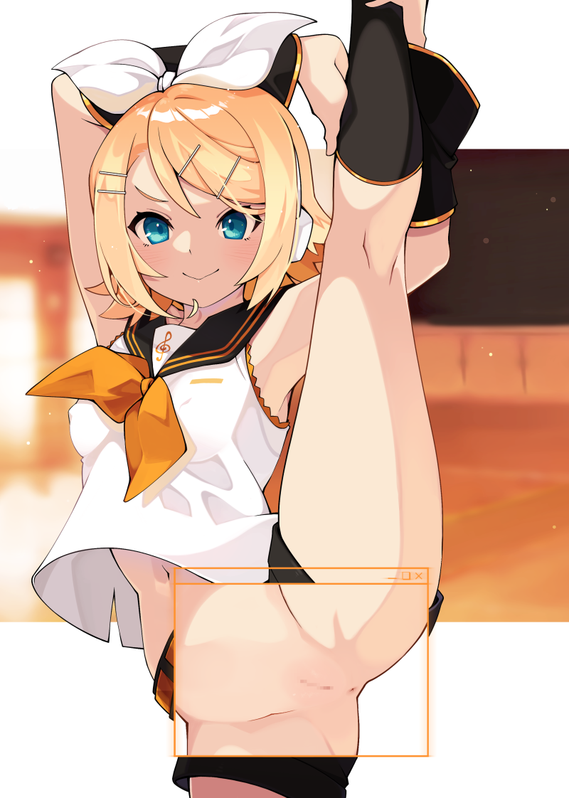 anus aqua_eyes armpits bangs belt black_legwear black_shorts blonde_hair blush breasts censored closed_mouth commentary commission covered_nipples detached_sleeves female flexible hair_ornament hair_ribbon hairclip headset kagamine_rin kneehighs kotomuke_fuurin leg_lift leg_up light_particles looking_at_viewer mosaic_censoring navel neckerchief pussy ribbon sailor_collar shirt short_hair shorts skeb_commission sleeveless sleeveless_shirt small_breasts solo splits spread_legs standing standing_on_one_leg stretch swept_bangs t-square_position treble_clef vertical_splits vocaloid x-ray