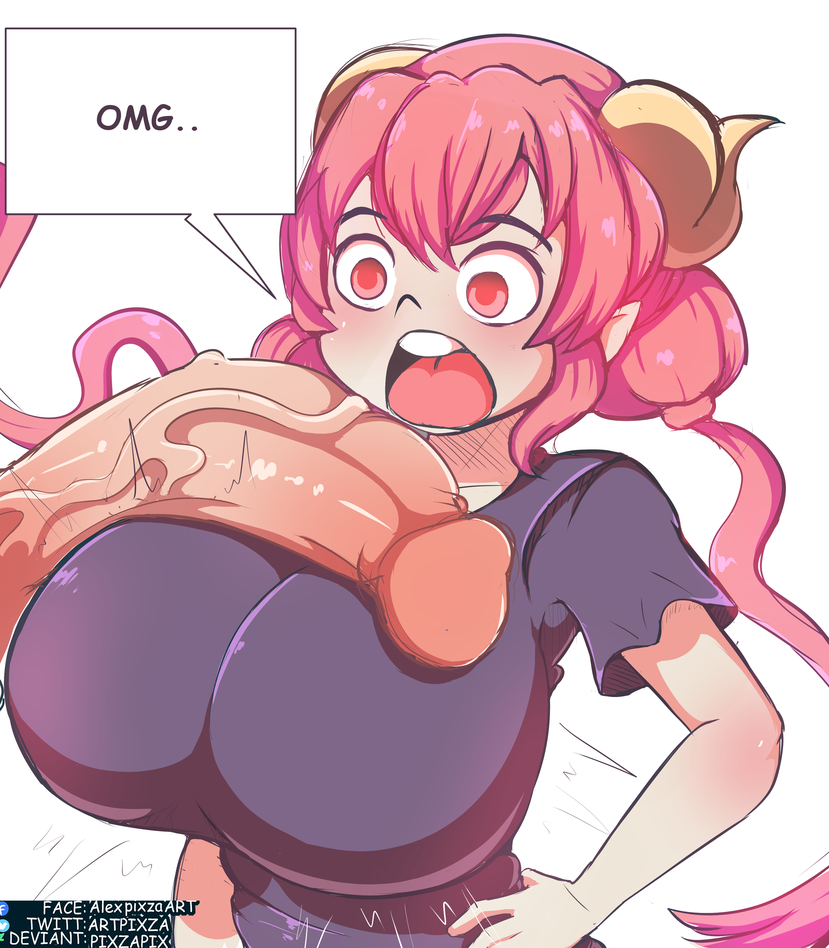 1boy, 1girls, breasts, cock, elf ears, faceless male, female, female focus, hand on hip, horn, horned humanoid, horns, huge breasts, huge cock, huge penis, ilulu (dragon maid), imminent oral, imminent sex, male, miss kobayashi's dragon maid, offscreen character, offscreen male, penis, penis across breasts, penis awe, penis on breast, penis out, pixzapix, pointy ears, red eyes, red hair, shocked, shocked expression, shortstack, simple background, solo female, vein, veins, veiny penis