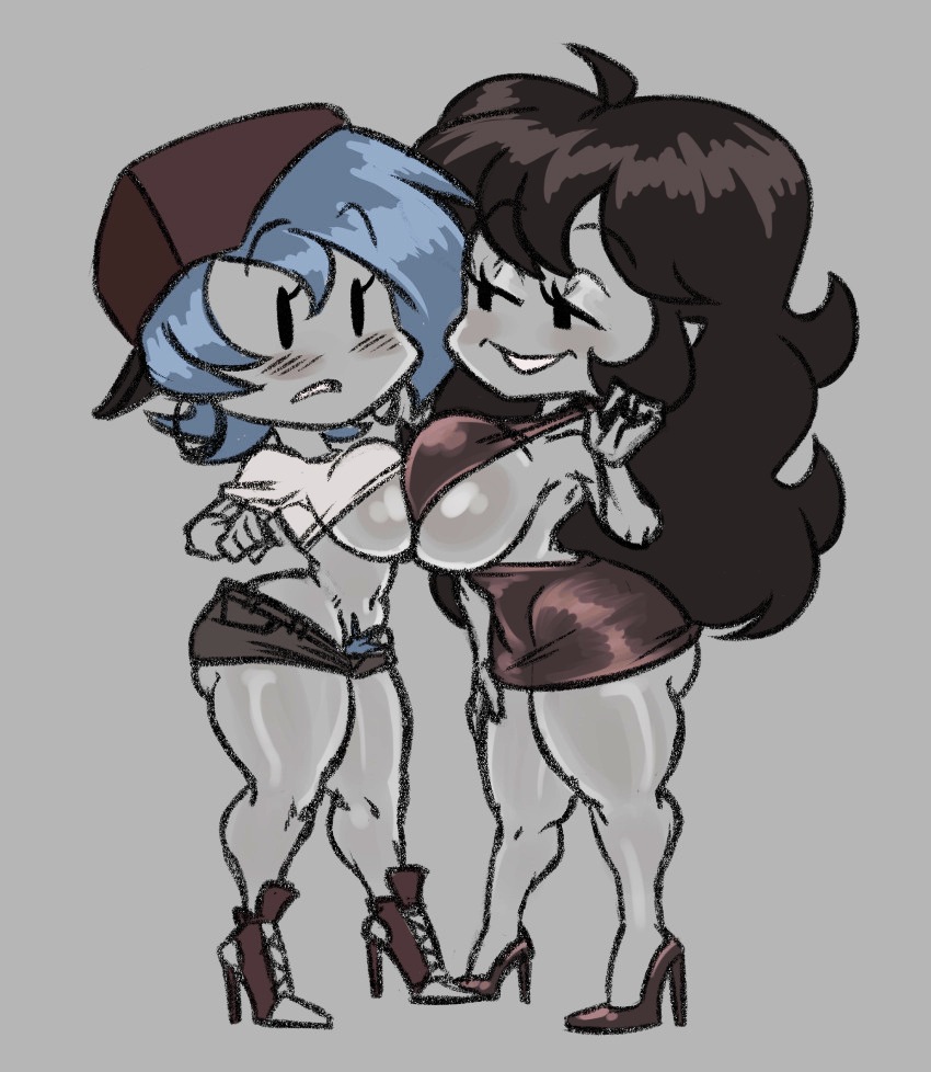 2girls, artist request, blue hair, blush, blushing, boyfriend (friday night funkin), breasts, female, female boyfriend (friday night funkin), friday night funkin, genderswap, genderswap (mtf), girlfriend (friday night funkin), hat, high heels, lesbian, pubic hair peek, red dress, rule 63, seductive smile, shorts, tagme (artist), underboob, yuri