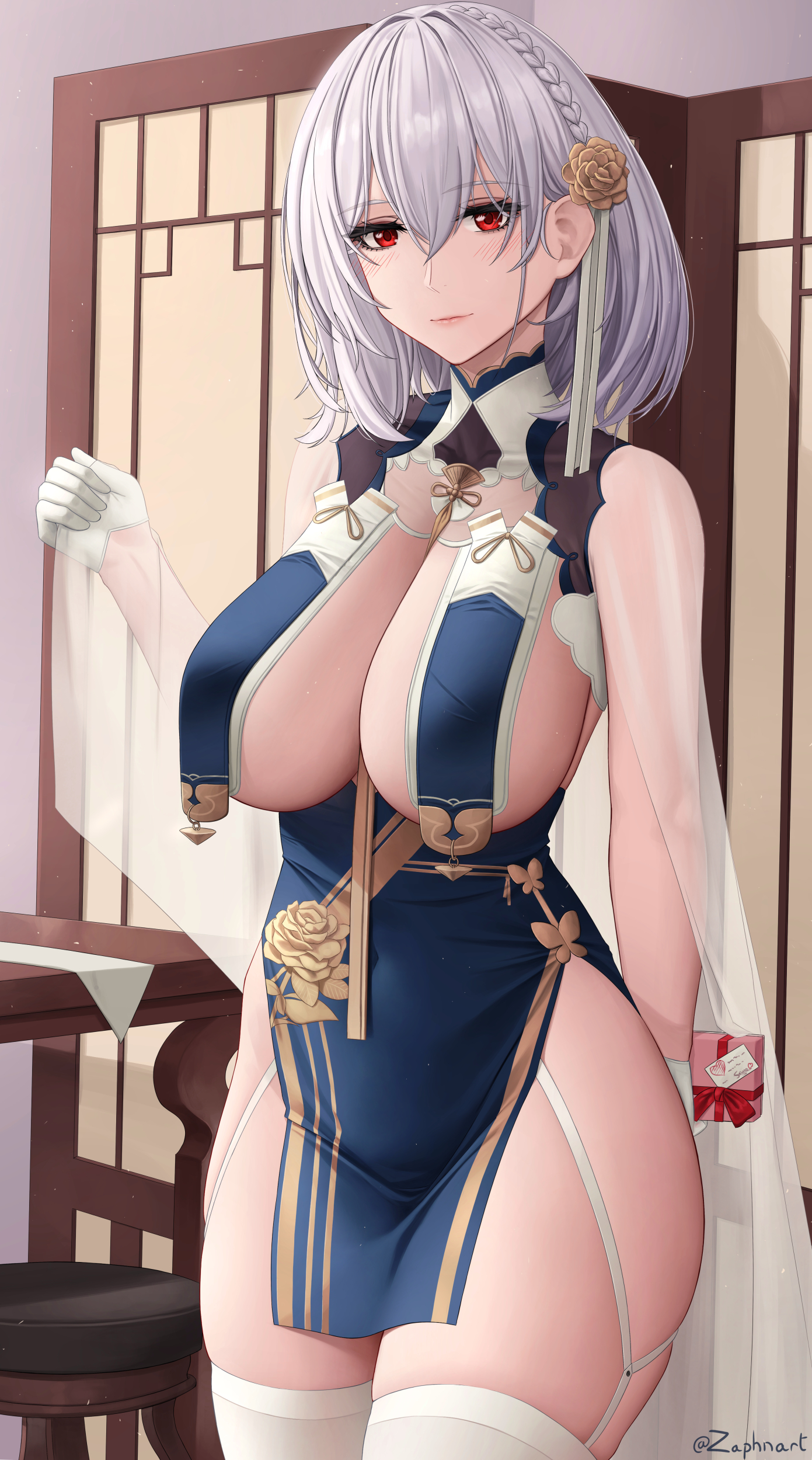 1girls, azur lane, big breasts, breast curtains, breasts, curvy, curvy figure, female, female only, large breasts, looking at viewer, red eyes, short hair, sirius (azur lane), solo, solo female, thick, thick thighs, thighhighs, thighs, voluptuous, zaphn