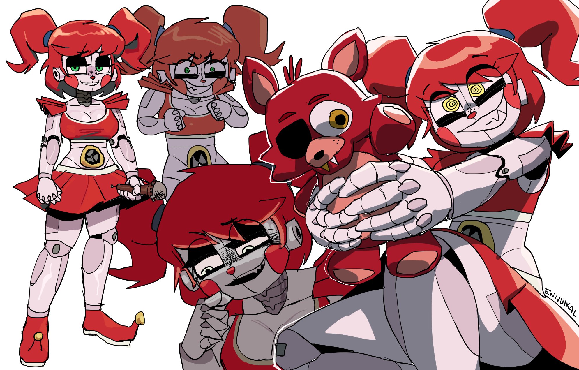 1girl, animatronic, baby (fnafsl), big breasts, boob bulge, bottomless, breasts, circus baby, circus baby (fnaf), cleavage, clown, clown girl, collage, ennuikalart, fazbear & friends, female, five nights at freddy's, foxy (fnaf), plush foxy, plushie, robot, robot girl, simple lighting, sister location, solo, twintails