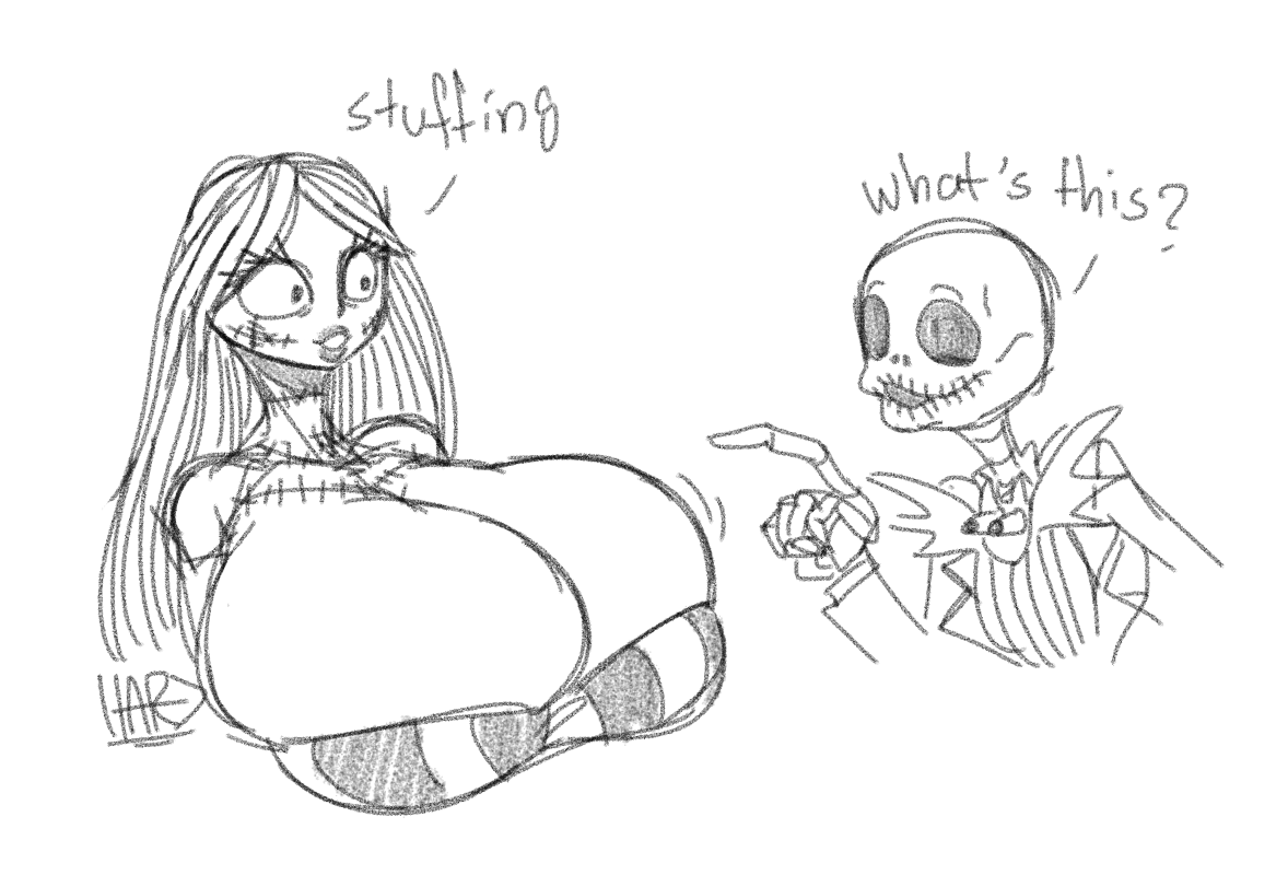 breasts, disney, female, huge breasts, jack skellington, little hareboy, monochrome, nightmare before christmas, rough sketch, sally (the nightmare before christmas), wide hips