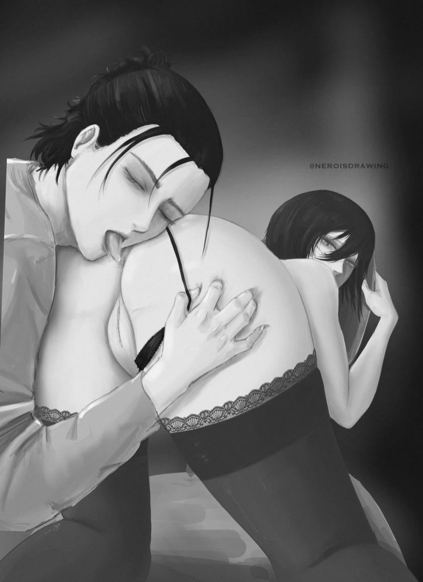1boy, 1girls, anilingus, artist name, ass, attack on titan, black and white, black eyes, black hair, chin length hair, couple, couple (romantic), couple art, couple focus, couple love, doggy style, duo, duo focus, eren jaeger, feet out of frame, female, innie pussy, intimate, licking, licking anus, licking ass, light skin, light-skinned female, light-skinned male, looking at viewer, looking back, looking over shoulder, lovers, loving, loving couple, loving gaze, loving look, male, medium hair, mikasa ackerman, monochrome, neroisdrawing, oral, pale skin, pale-skinned female, pale-skinned male, panties, panties aside, passionate, passionate couple, plump labia, pussy, romance, romantic, romantic ambiance, romantic couple, shingeki no kyojin, thick thighs, thighhighs, thighs, tongue, tongue out, uncensored, viewed from behind, wholesome