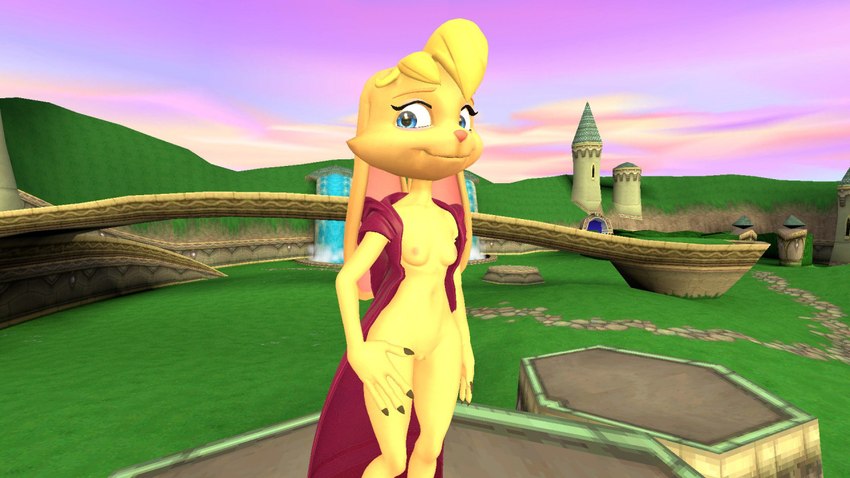 16:9 3d_(artwork) activision alan13 anthro bianca_(spyro) blonde_hair blue_eyes breasts bridge castle clothed clothing digital_media_(artwork) female fur genitals hair lagomorph leporid mammal mostly_nude nails nipples nude open_clothing open_robe outside partially_clothed pillars pussy rabbit robe robe_only sky solo spyro_the_dragon thhypercombine video_games waterfall widescreen