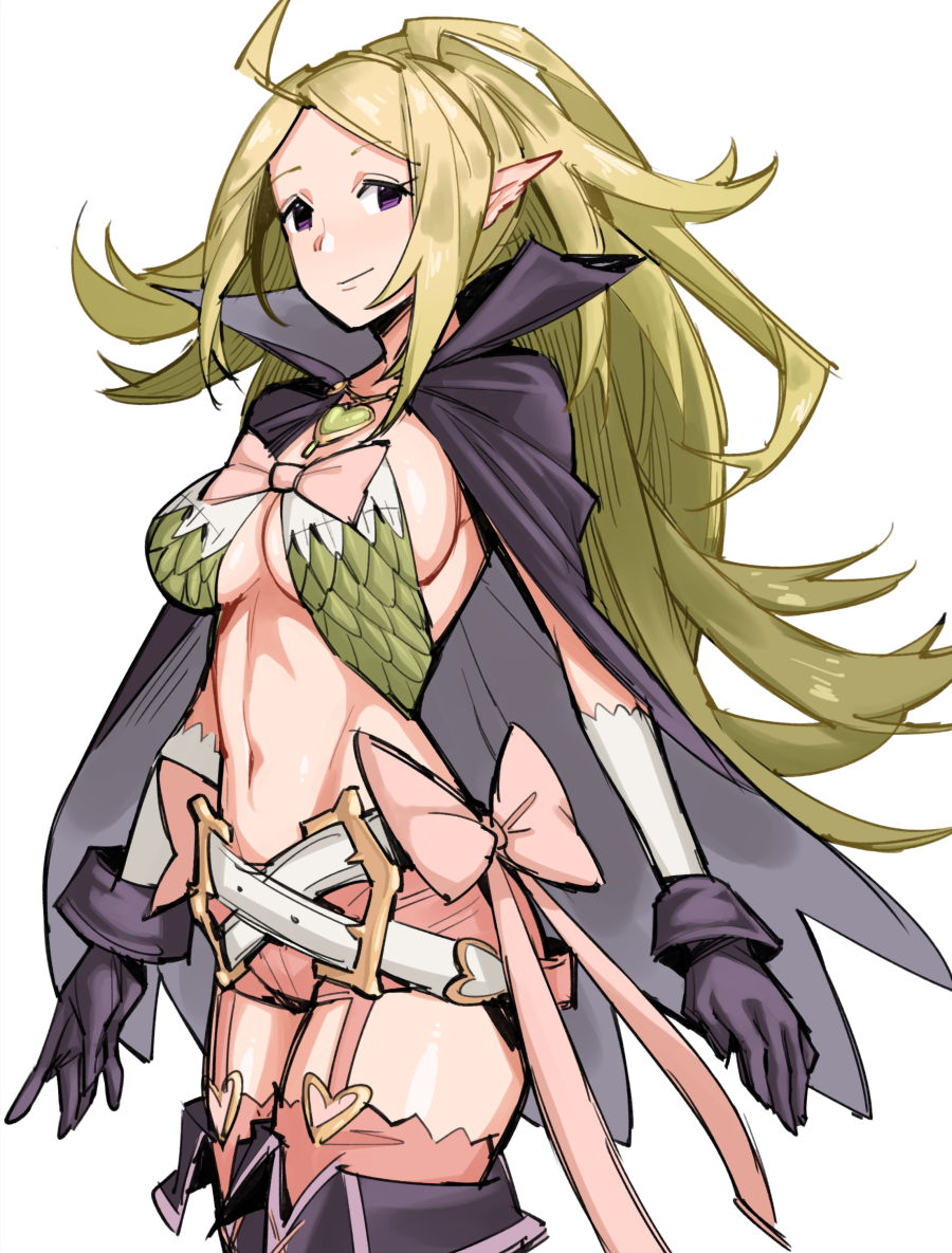 1girls ahoge alternate_breast_size big_breasts blonde_hair blush breasts cape circlet female female_only fire_emblem fire_emblem_awakening garter_straps ge-b gebyy-terar gloves greyscale large_breasts lingerie long_hair looking_at_viewer manakete navel nintendo nowi_(fire_emblem) older open_mouth pointed_ears pointy_ears purple_eyes simple_background smile solo solo_female thighhighs white_background