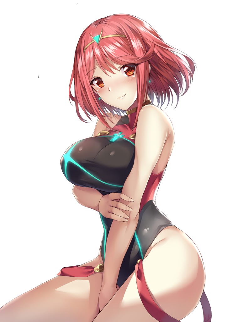 1girls, big breasts, breasts, female, nintendo, pyra, red eyes, red hair, short hair, tagme, white background, xenoblade (series), xenoblade chronicles 2