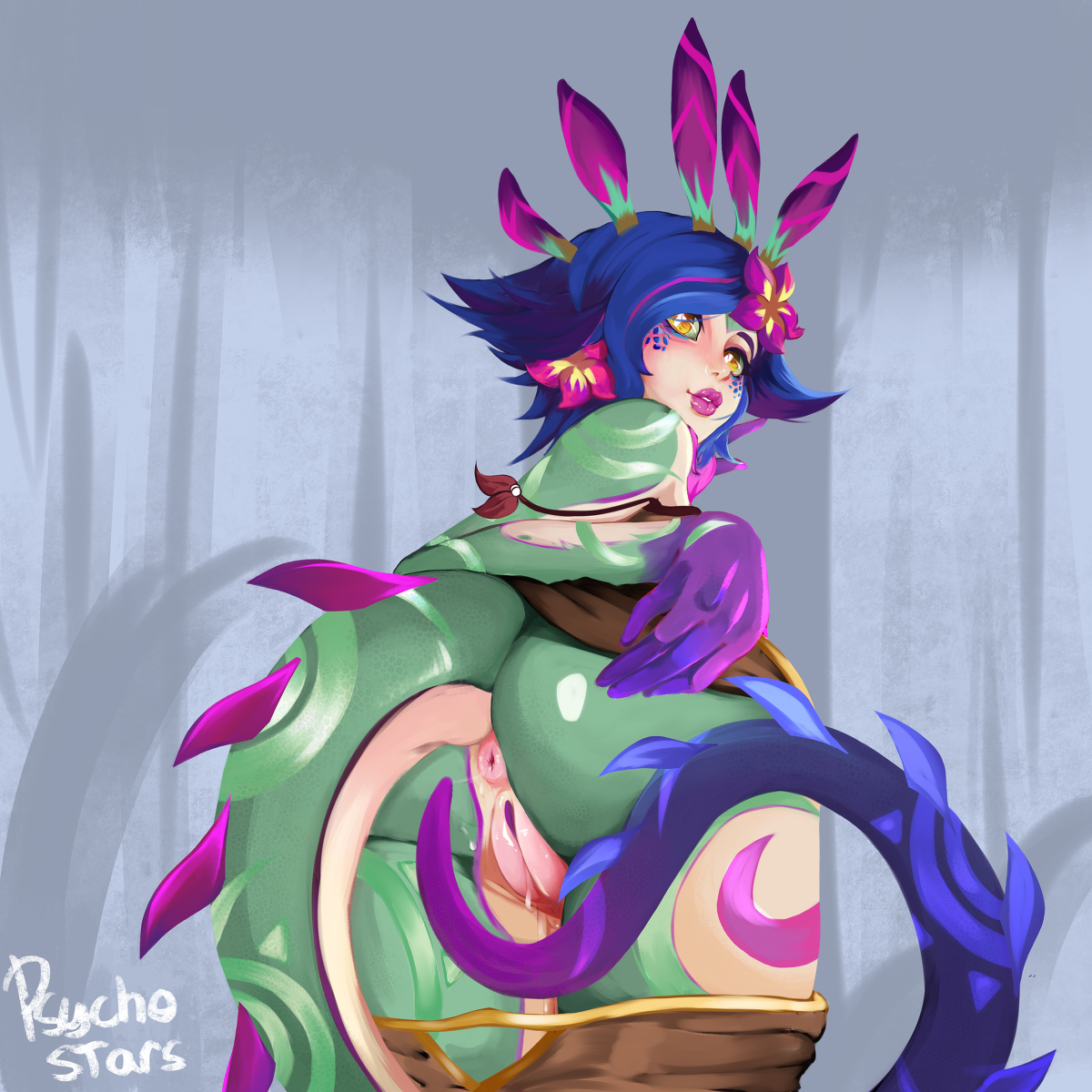 anus, ass, bent over, blush, female, league of legends, looking back, monster girl, multicolored hair, neeko, psychostars, pussy, riot games, shorts, shorts down, tagme, tail, yellow eyes