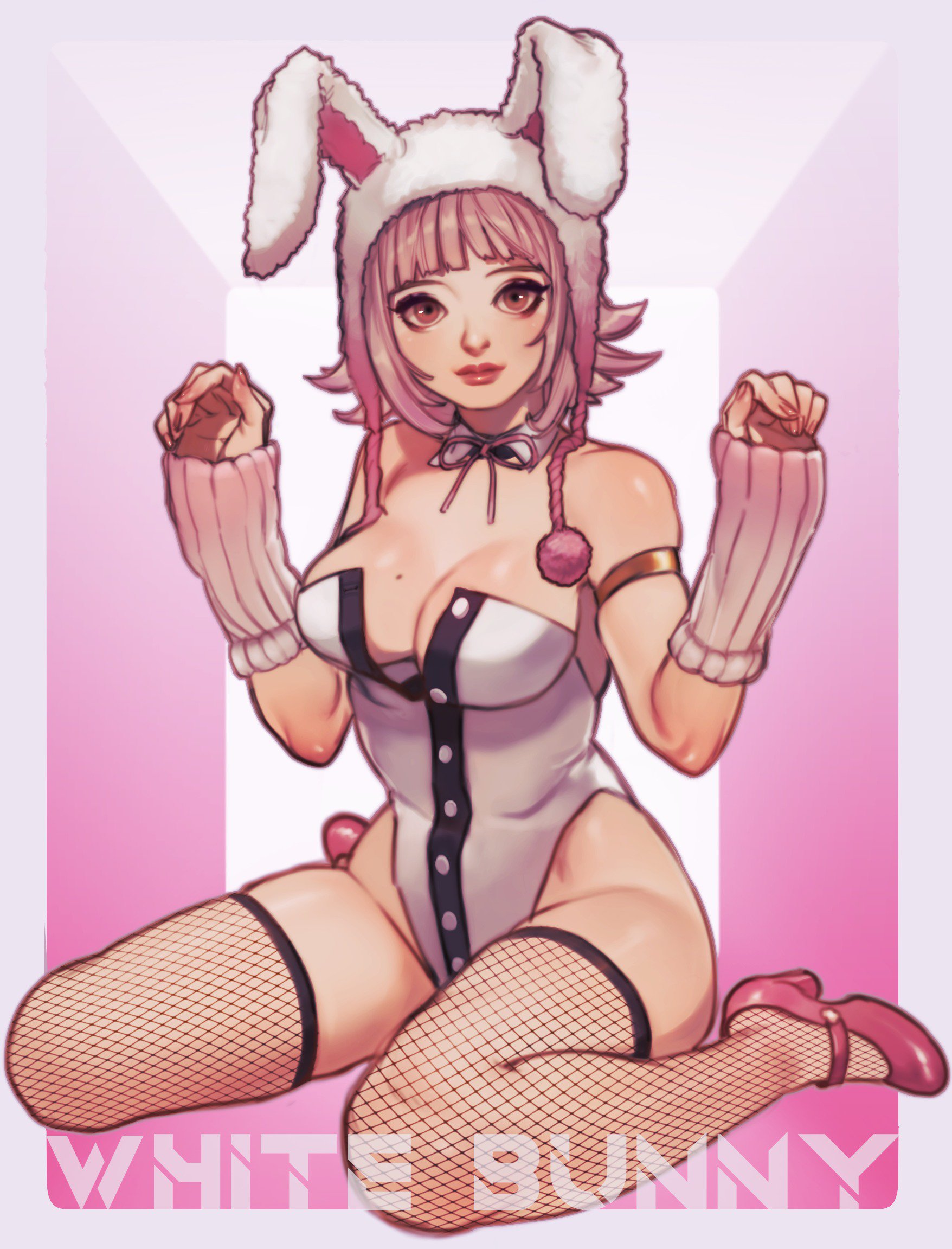 1girls, big breasts, breasts, bunny costume, bunny ears, bunny girl, bunnysuit, cleavage, color, colored, danganronpa, danganronpa 2: goodbye despair, female, female only, fishnets, hands up, heels, high resolution, highres, looking at viewer, mole on breast, nanami chiaki, pink background, pink eyes, pink hair, pose, posing, sitting, solo, solo focus, straight hair, tdn ng, thick thighs, wariza