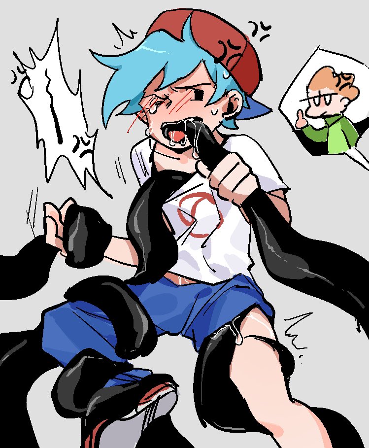 angry face, blush, boyfriend (friday night funkin), cum, drool, drooling, friday night funkin, male, male only, mob face, newgrounds, pico (newgrounds), rabbit12865183, tears, tentacle, tentacle on male, tentacle rape, tentacle sex