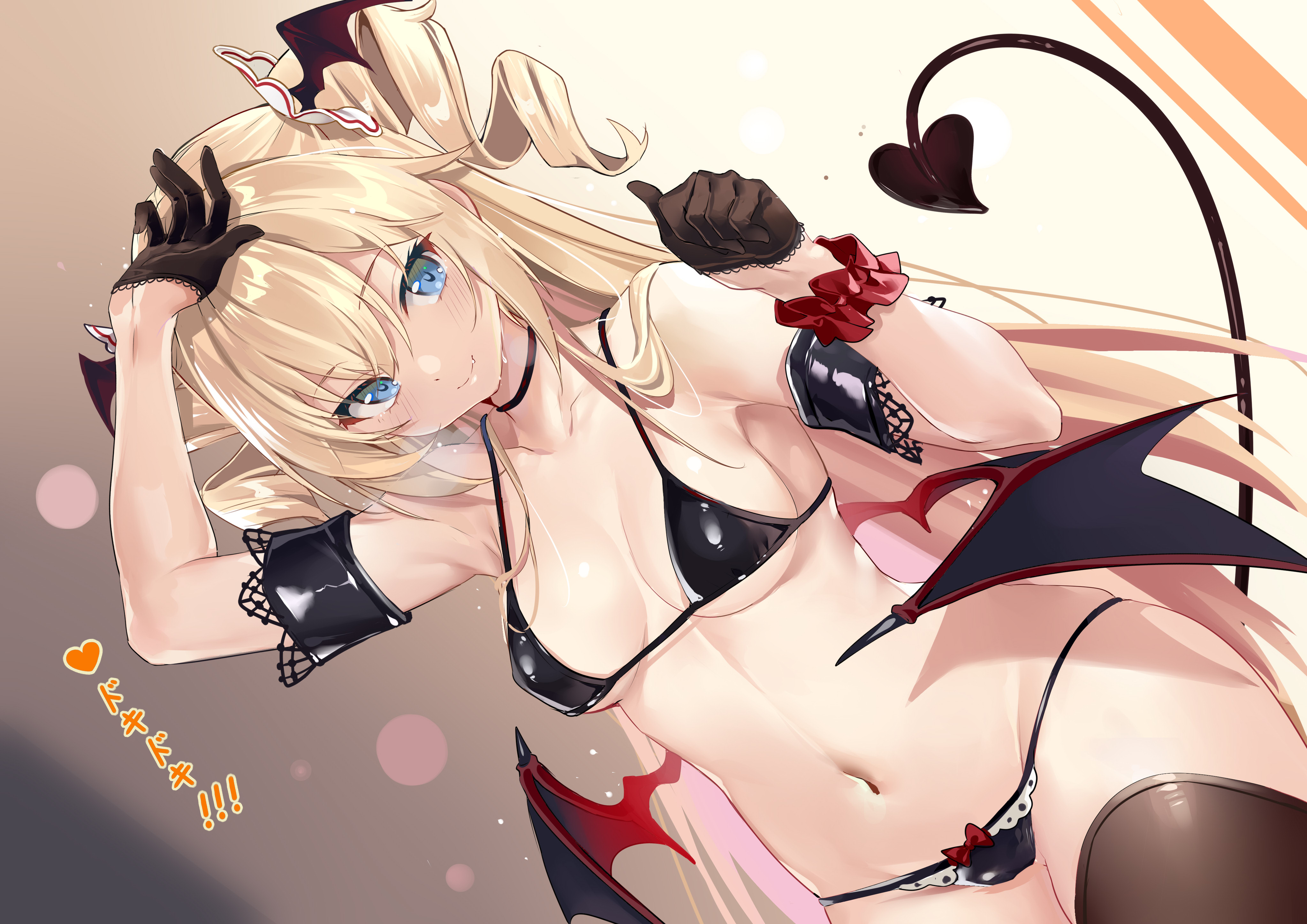 1girls, alternate costume, barbara (genshin impact), bikini, black bikini, blonde hair, blue eyes, breasts, demon, demon girl, demon tail, demon wings, female, genshin impact, gloves, heart, hi res, momoku, nun, smile, spaghetti strap, succubus, thighhighs, twin drills, underboob
