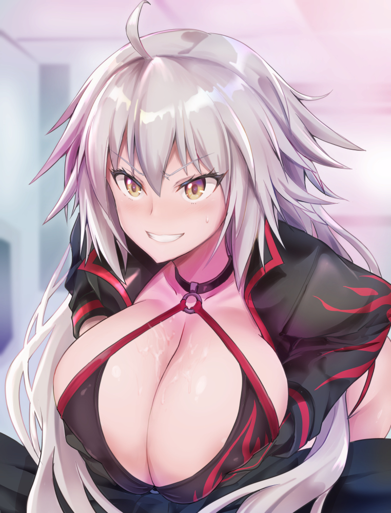 1boy ahoge asahi_(fullmetal_madness) bangs bikini black_bikini black_gloves black_jacket blush breast_squeeze breasts choker cleavage cropped_jacket engulfing_paizuri fate/grand_order fate_(series) female gloves jacket jeanne_alter jeanne_d'arc_(alter_swimsuit_berserker)_(fate) jeanne_d'arc_(fate)_(all) large_breasts long_hair long_sleeves looking_at_viewer o-ring o-ring_bikini paizuri shrug_(clothing) silver_hair smile straight swimsuit very_long_hair yellow_eyes