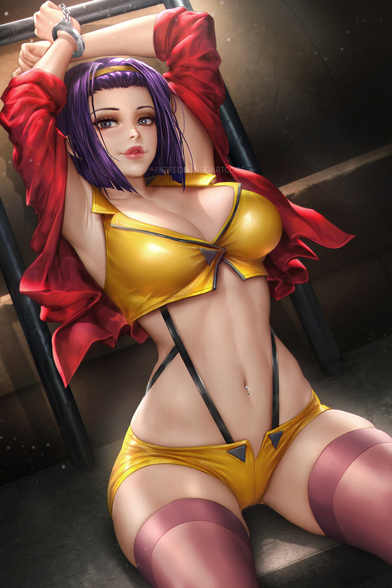 1girls, artist name, big breasts, bob cut, bondage, breasts, cleavage, clothed, clothed female, clothes, clothing, cowboy bebop, faye valentine, female, female focus, female only, fully clothed, handcuffed, handcuffs, light skin, light-skinned female, looking at viewer, midriff, navel, navel piercing, neoartcore, pale skin, pale-skinned female, piercing, purple hair, revealing clothes, short hair, smile, solo, thighhighs, watermark