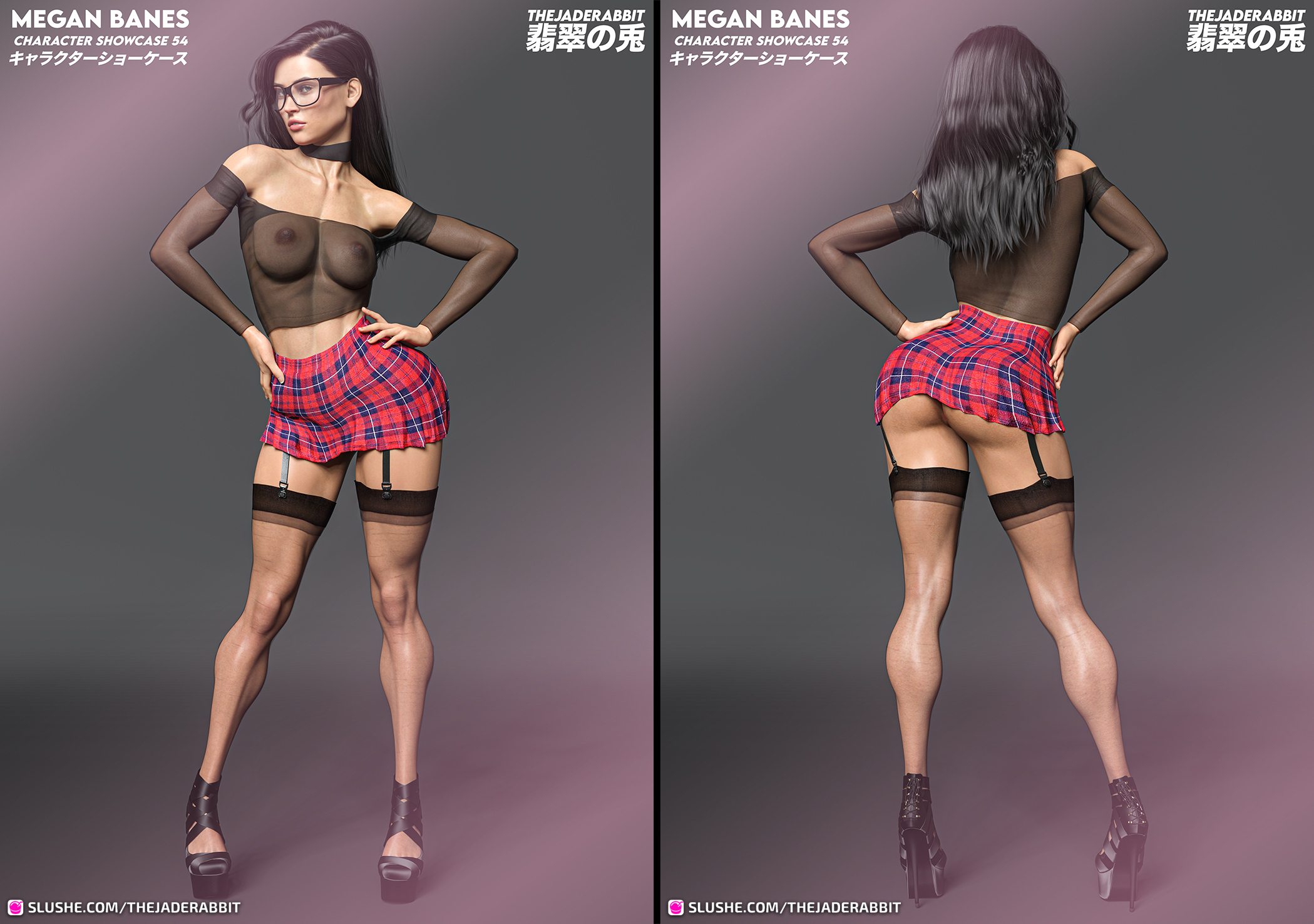3d, areolae, ass, athletic, athletic female, black hair, breasts, busty, female, female focus, female only, full body, glasses, going commando, high heels, hourglass figure, long hair, nipples, see-through, skimpy, skimpy clothes, skirt, stockings, tagme, thejaderabbit, wide hips