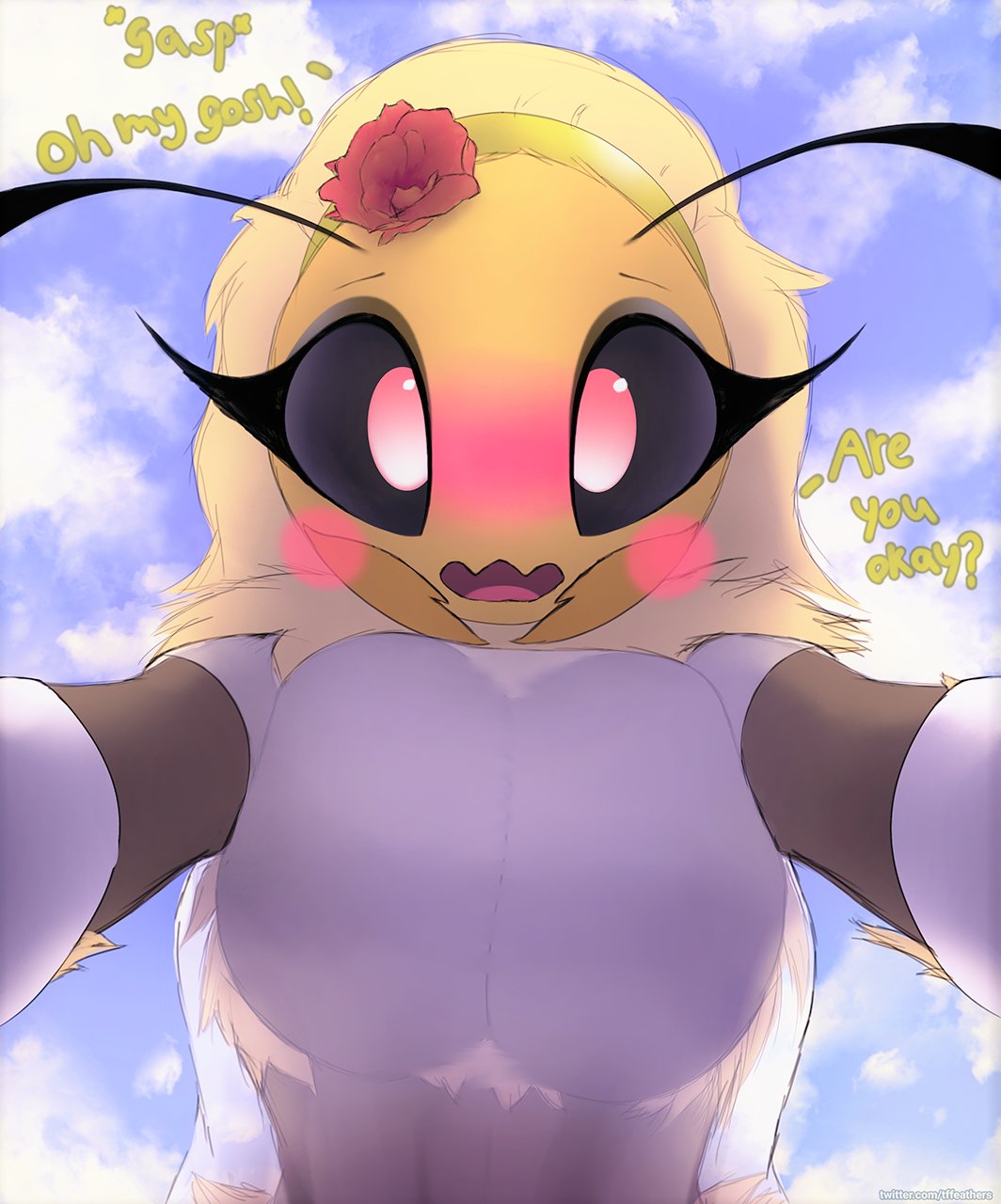 bee, big breasts, blossom (thousandfoldfeathers), blush, breasts, clothed, cute, eyelashes, female, female only, looking at viewer, pink eyes, solo, solo female, text, thousandfoldfeathers, yellow body, yellow skin