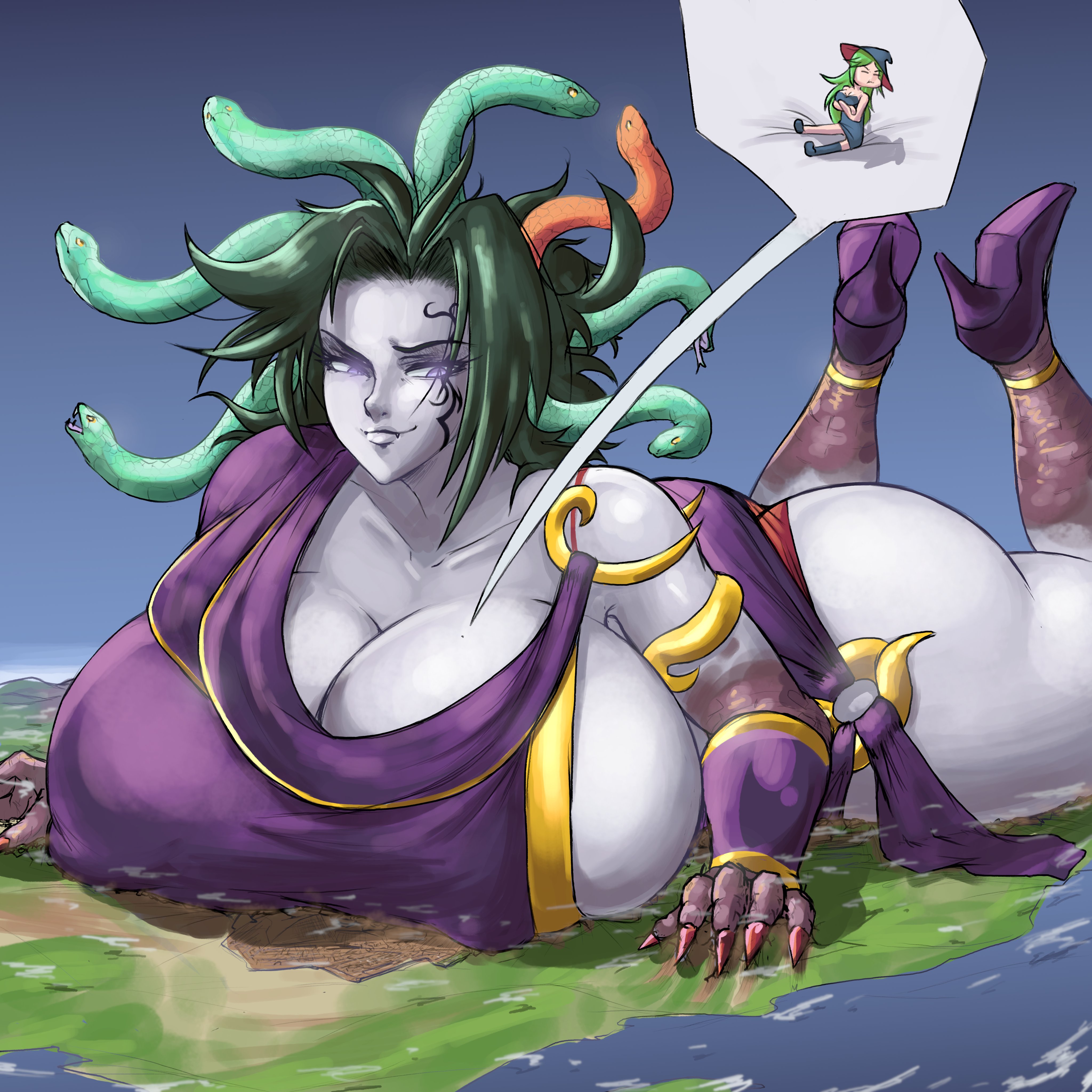 ass, breasts, female, giant female, giantess, goddess, huge ass, huge breasts, kid icarus, lapotato8, macro, macro female, macrophilia, medusa (kid icarus), monster, monster girl, nintendo, palutena, villainess, voluptuous, wide hips