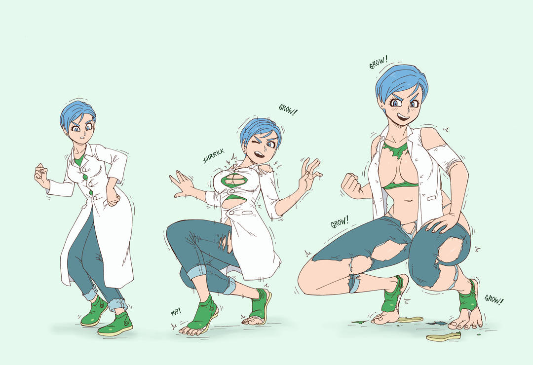 1girls, blue eyes, blue hair, body growth, body growth (enlargement), breast expansion, breast growth, breast growth (enlargement), breasts, bulma, bulma (dragon ball), bulma briefs, clothing, dragon ball, dragon ball super, feet, female, female only, giantess, growth, homer-rier, huge breasts, milf, outgrowing clothes, shounen jump, soles, toenails, toes, torn clothes, torn clothing, torn legwear, torn shoes