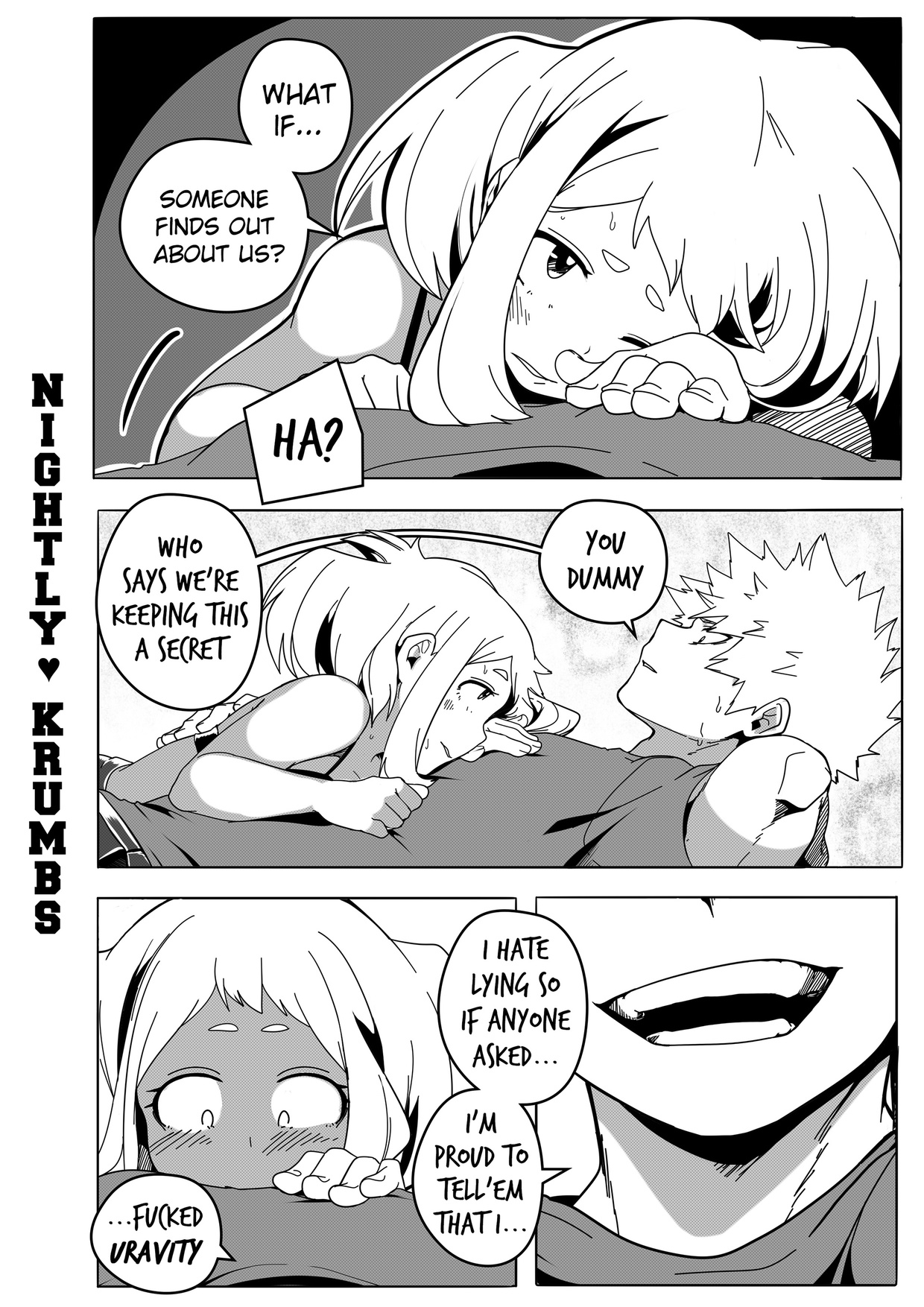 1boy, 1girls, after sex, black and white, cheating, cheating girlfriend, comic, comics, couple, english text, female, katsuki bakugou, male, monochrome, my hero academia, nightlykrumbs, ochako uraraka, right to left, romantic, spiky hair, tagme