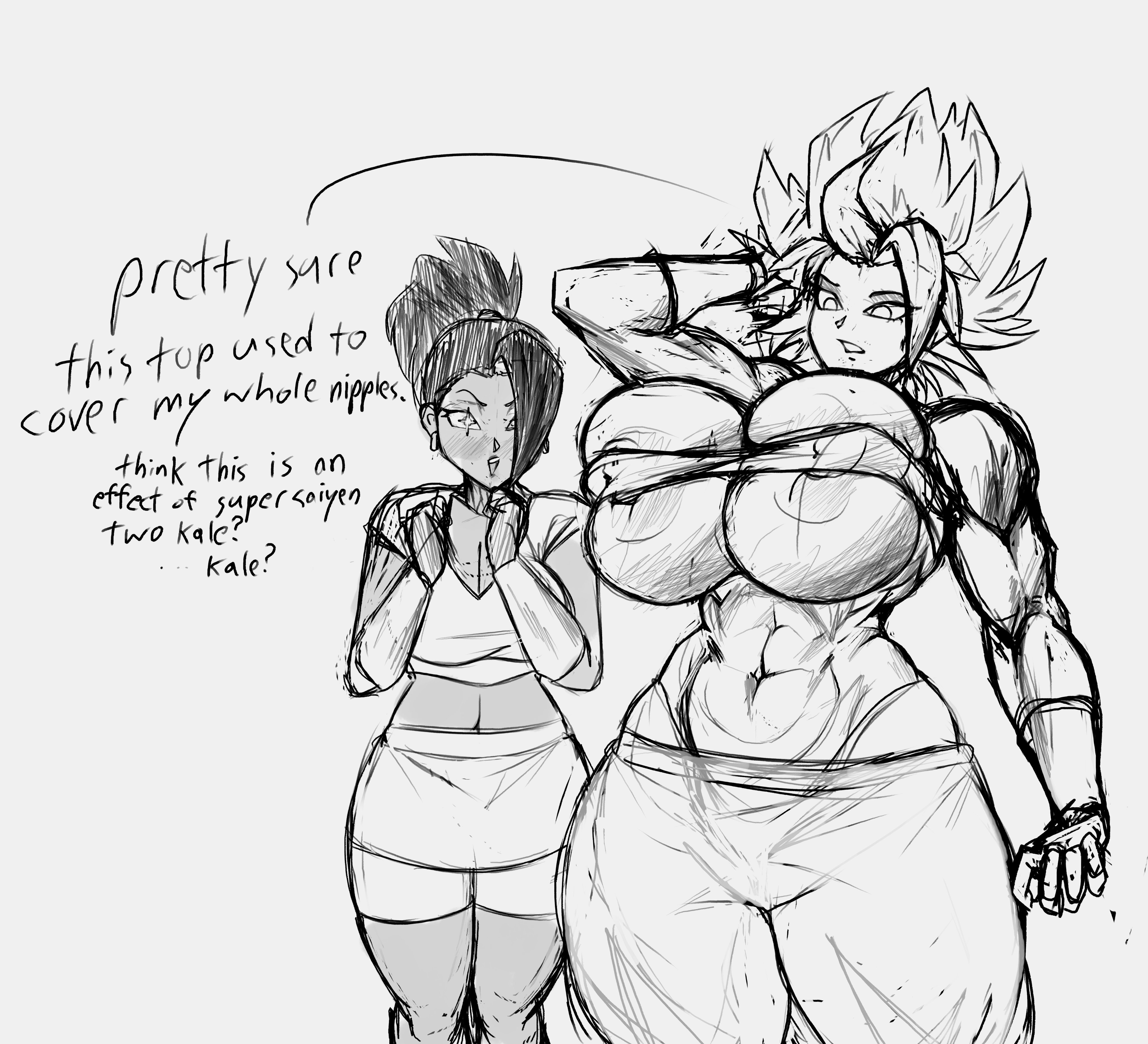 2girls, abs, ass, baggy pants, big ass, big breasts, breast expansion, breast growth, breast growth (enlargement), breasts, caulifla, crop top, dragon ball, dragon ball super, english text, expansion, female, huge breasts, implied expansion, ineffective clothing, kale, lapotato8, monochrome, muscular, muscular female, skirt, thick thighs, voluptuous, wide hips