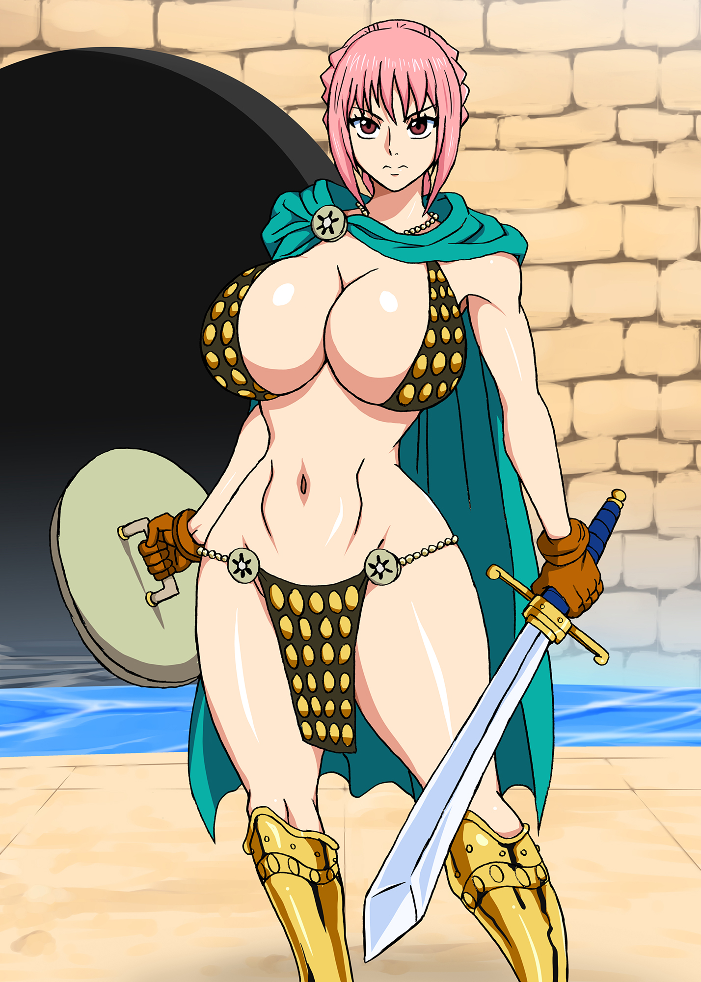 1girls, bikini armor, blue eyes, blush, breasts, curves, female, female focus, female only, gloves, gold (metal), gold heels, naruho, one piece, pink hair, pink-haired female, rebecca (one piece), wide hips
